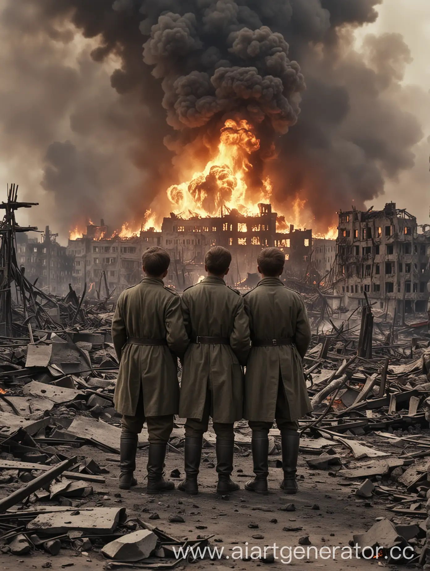 картинка о великой отечественной войне не представить этот бой где двое гражданских стоят спиной и смотрят на страшные кадры разрушенного города в огне