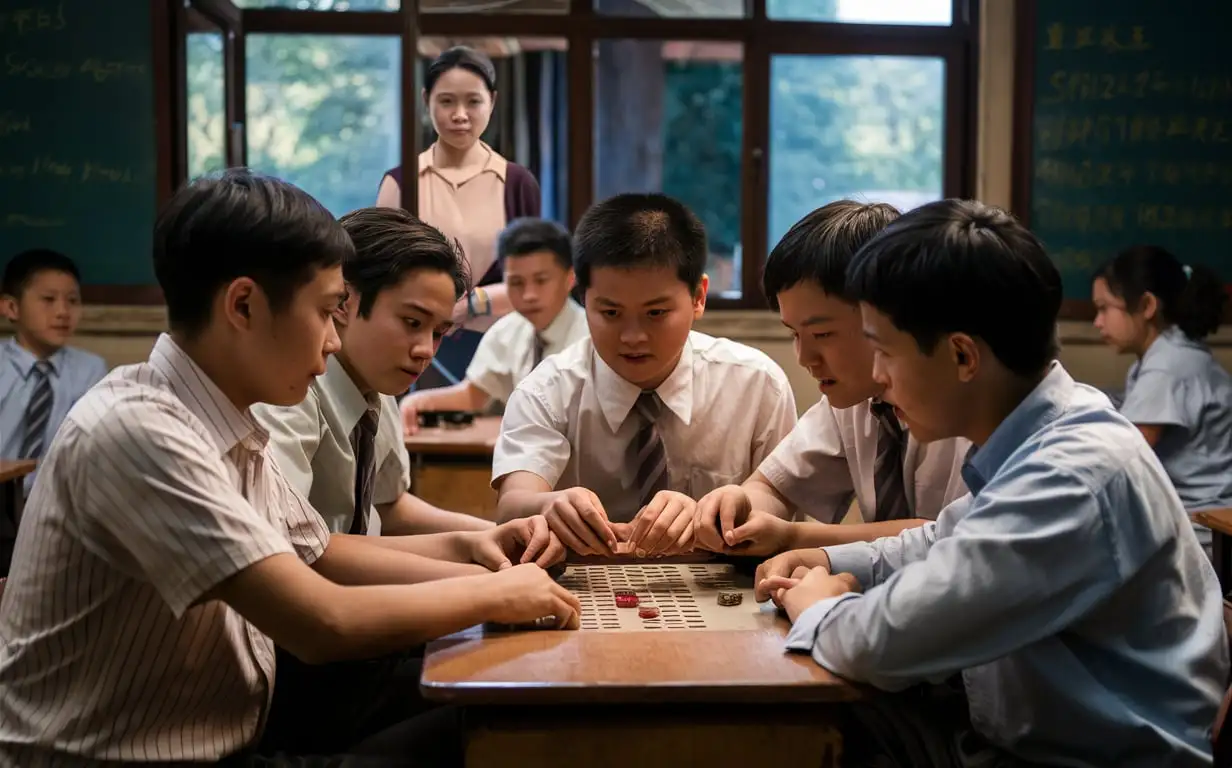 in the afternoon, classroom. front row desk, a few male students, betting with coins. through the window, female teacher looking. this is fifty years ago. this happened in China. classmates are 14 years old. there are few people in the classroom