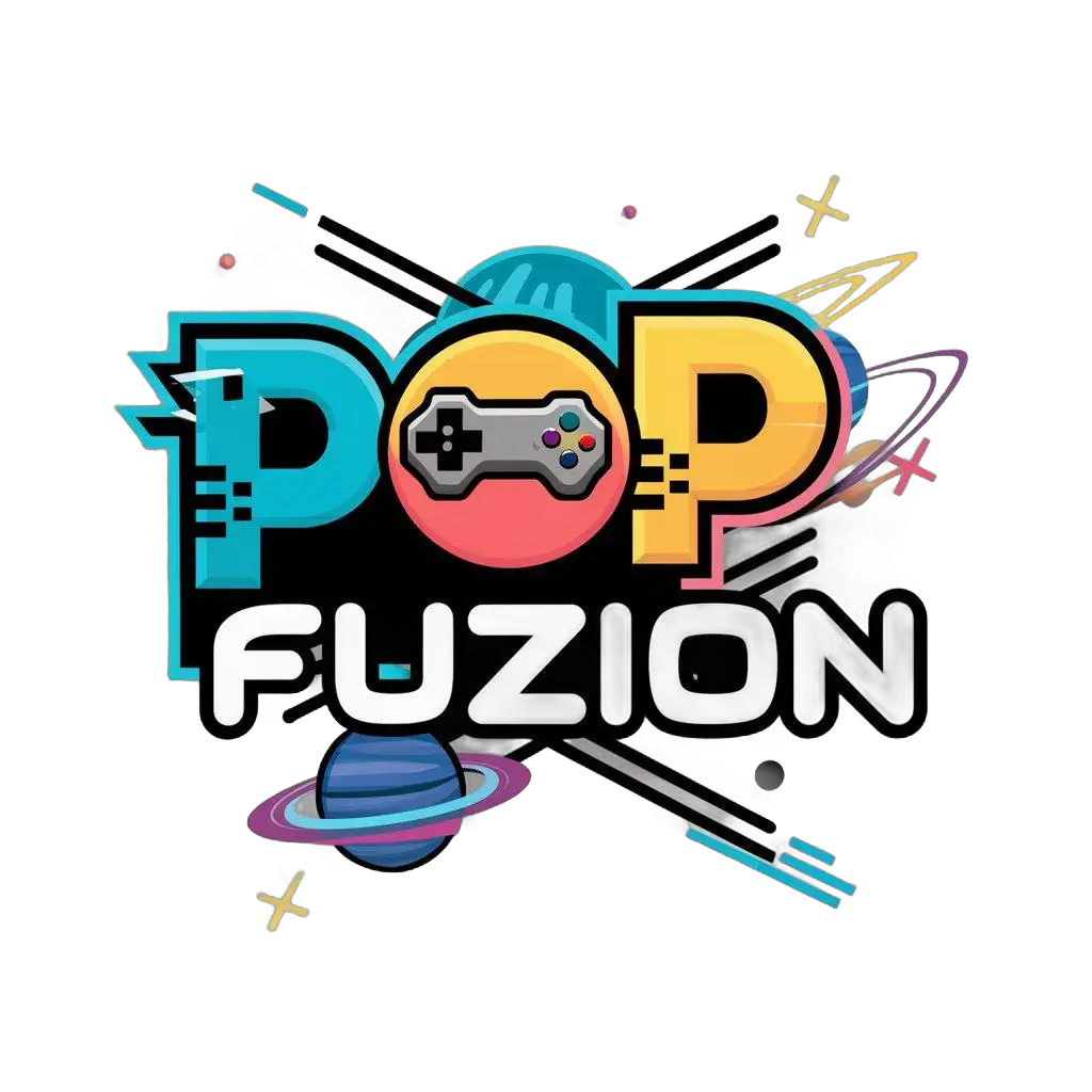 a logo design,with the text "Pop fuzion", main symbol:Color Palette: Bright Colors: Use bright and eye-catching colors like blue, red, green, and purple. These colors attract the eye and are often associated with geek culture. Contrasts: Combine contrasting colors to give life to the logo. Typography: Ludic Typeface: Opt for a playful and modern typography that recalls comics or video games. 3D Effect: Add shadows or 3D effects to give more depth to the text. Iconography: Geek Symbols: Incorporate easily recognizable symbols from geek culture, like game controllers, pixels, virtual reality glasses, planets, or sci-fi elements. Pop Culture: Consider including pop culture references, such as lightning, stars, or explosions, that evoke energy and excitement. Layout: Fusion: Use graphic elements to suggest a fusion or mixture, such as overlapping elements, crossing neon effects. POP: Make the word 'POP' stand out by making it larger or using a different font, to emphasize its vibrant and dynamic aspect.,Minimalistic,clear background
