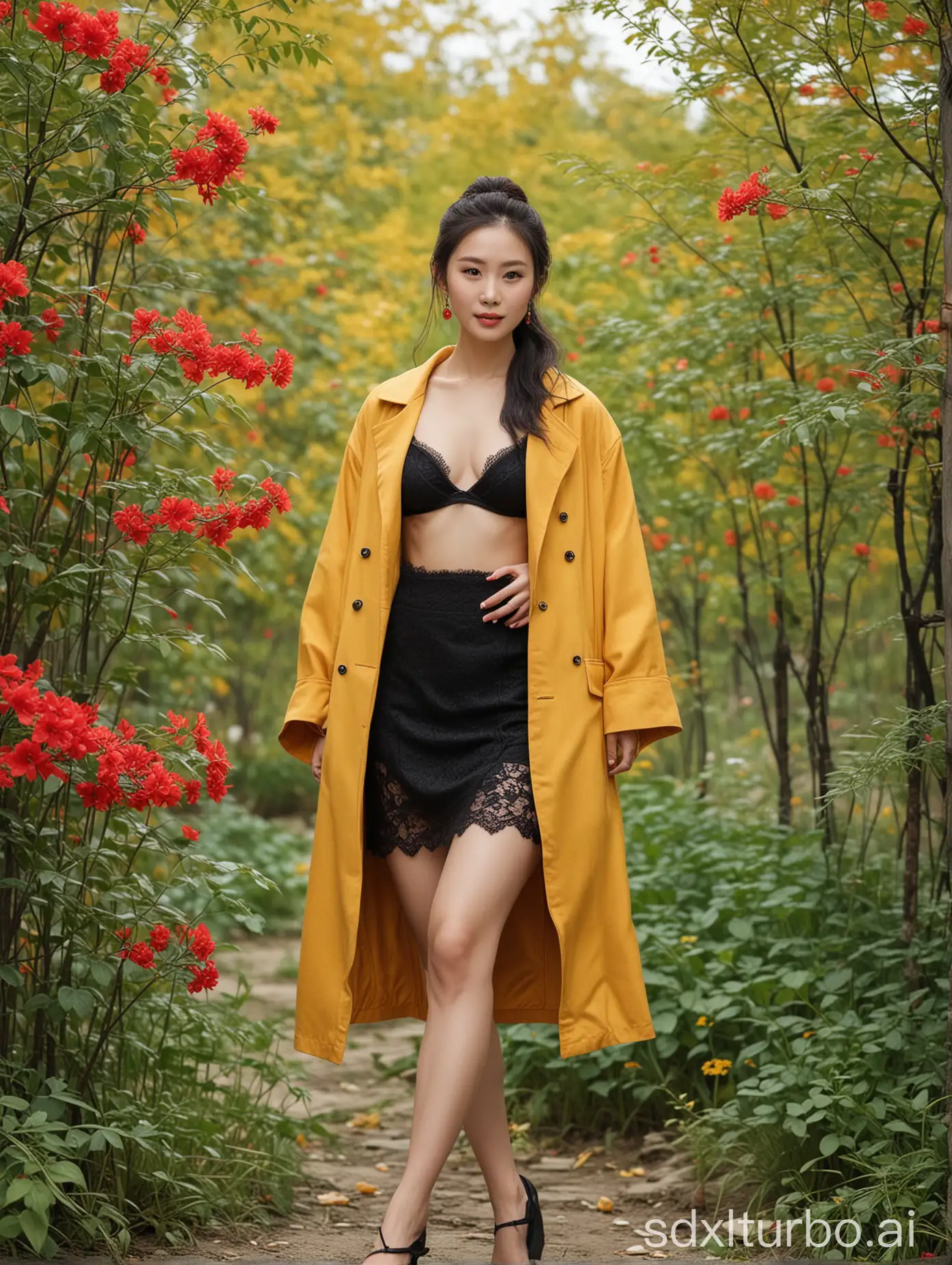 32-year-old Chinese beauty, 173 centimeters tall, weighing 70 kilograms. Oval face shape, delicate and beautiful features, well-proportioned figure, fair skin, ample buttocks, medium-length hair, diagonally tied ponytail, red gemstone earrings, bright yellow thin dress coat, black lace underwear, overall, barefoot wearing black high heels with red soles, sedan, 54-year-old boyfriend. Building, green trees, red flowers.