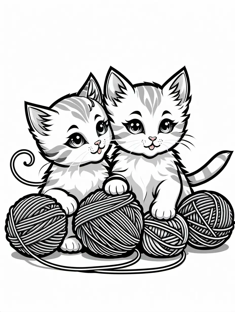 Adorable-Kittens-Playing-with-Yarn-Balls-Black-and-White-Coloring-Page