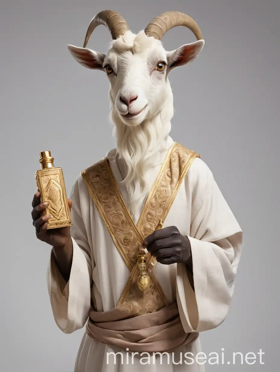 A picture of a goat holding a perfume bottle, wearing a Saudi thobe in isolated background