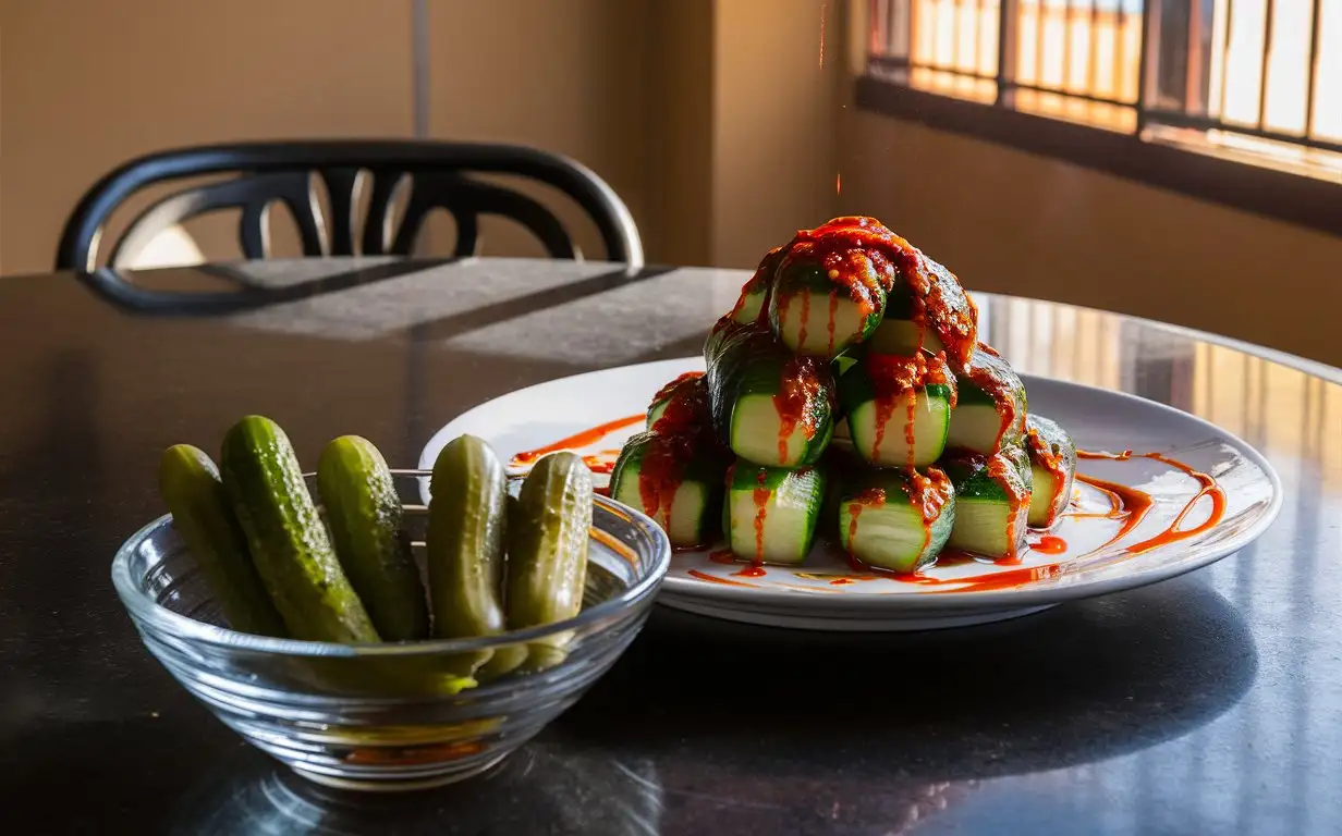 Sichuan cucumber, which is covered with chili sauce and red oil in a white plate on an empty table. The photography is in the style of using high definition images. Many fresh green pickled cucumbers can be seen inside the bowl. Sichuan style food.natural sunlight