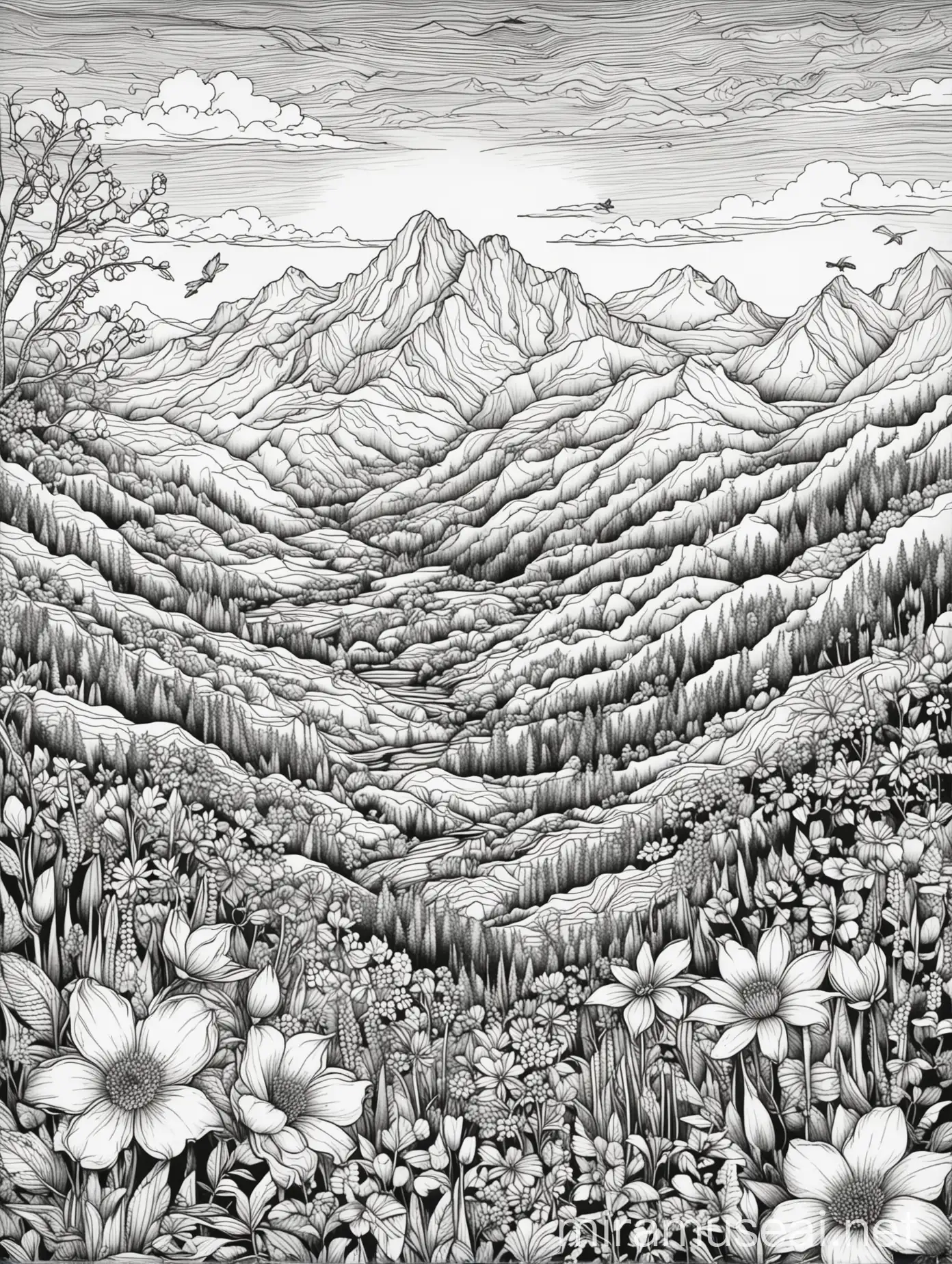 Spring Adult Coloring Page Floral Landscape with Mountain Borders