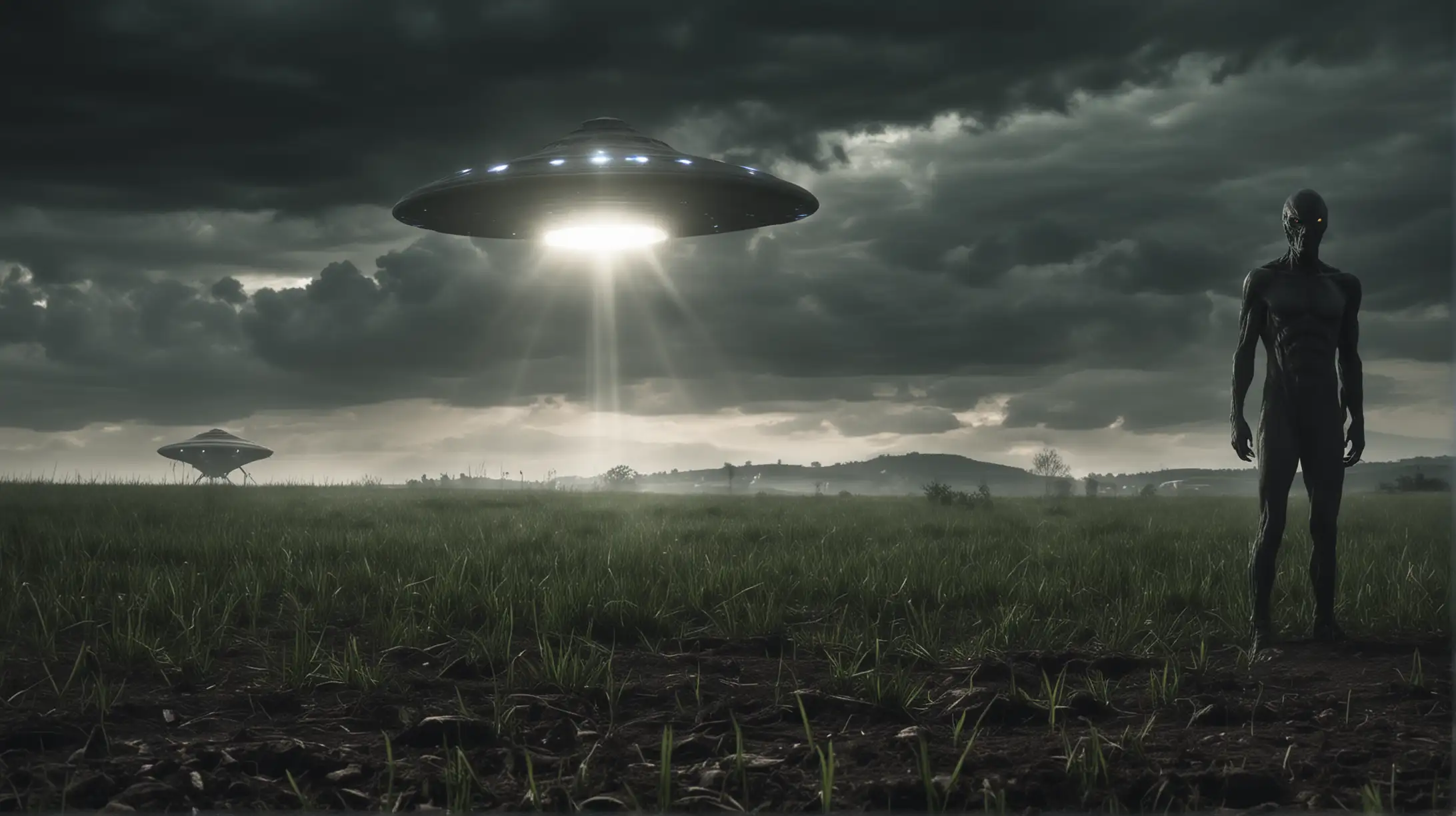 Sinister Alien Abduction Scene Otherworldly Encounter in a Desolate Field
