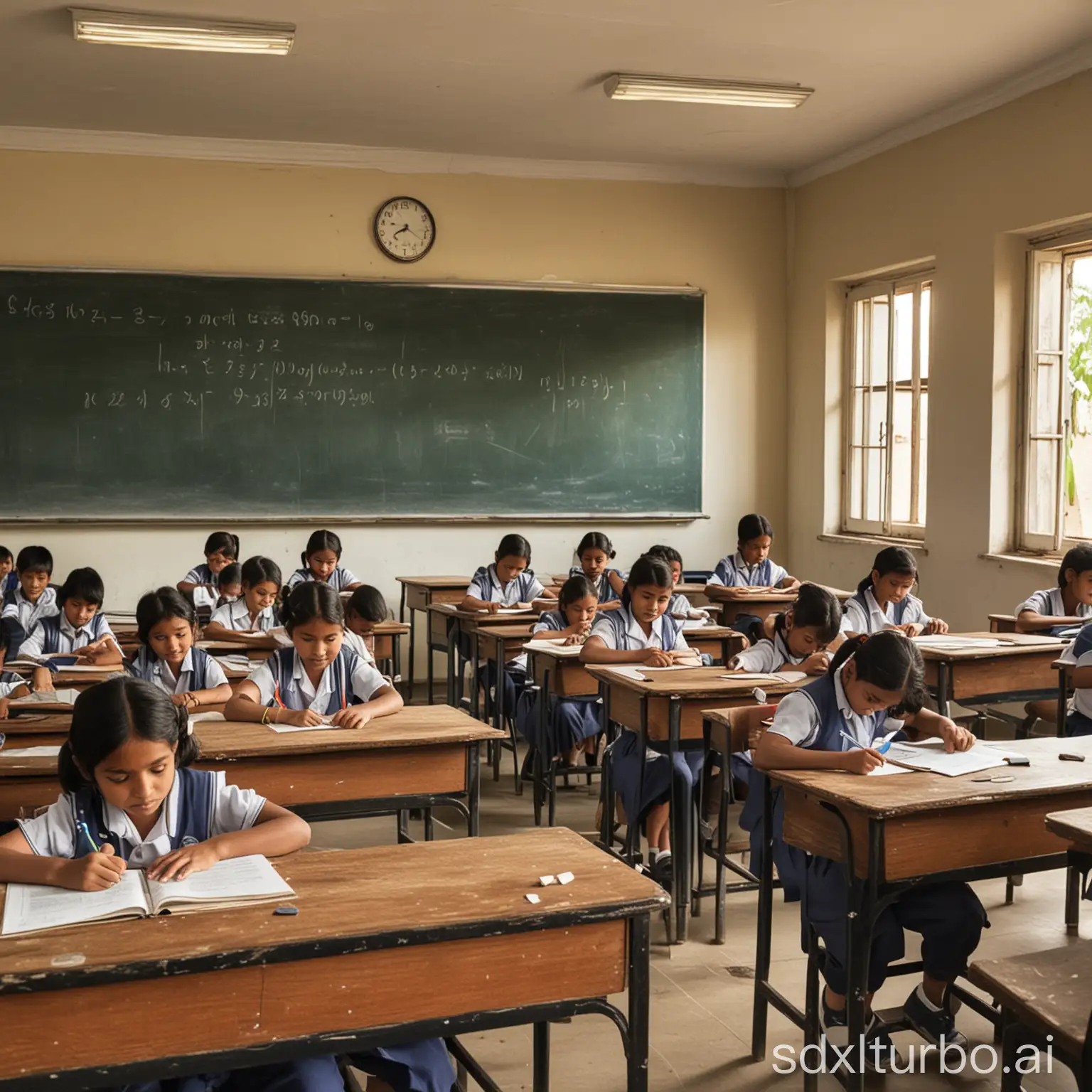 A class room where the children are engaged and working hard, while the teacher is teaching at the front of the class.