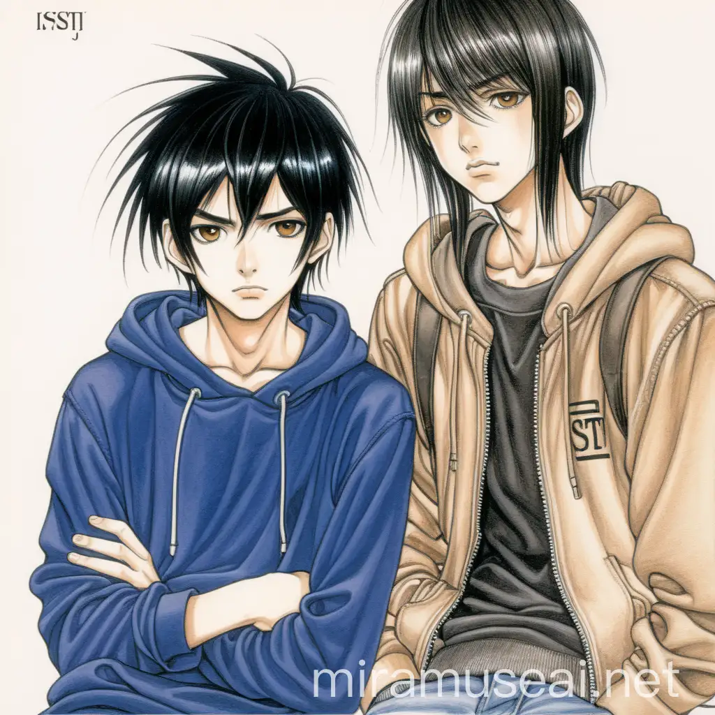 A illustration by Takeshi obata , a boy, 17 years old, istj emo vibe, straight black  hair, dark eyes, tan light skin, unbothered facial, dark blue sweat, tall, Blushing a little bit, pretty eyebrows. With a chino version of him by his side