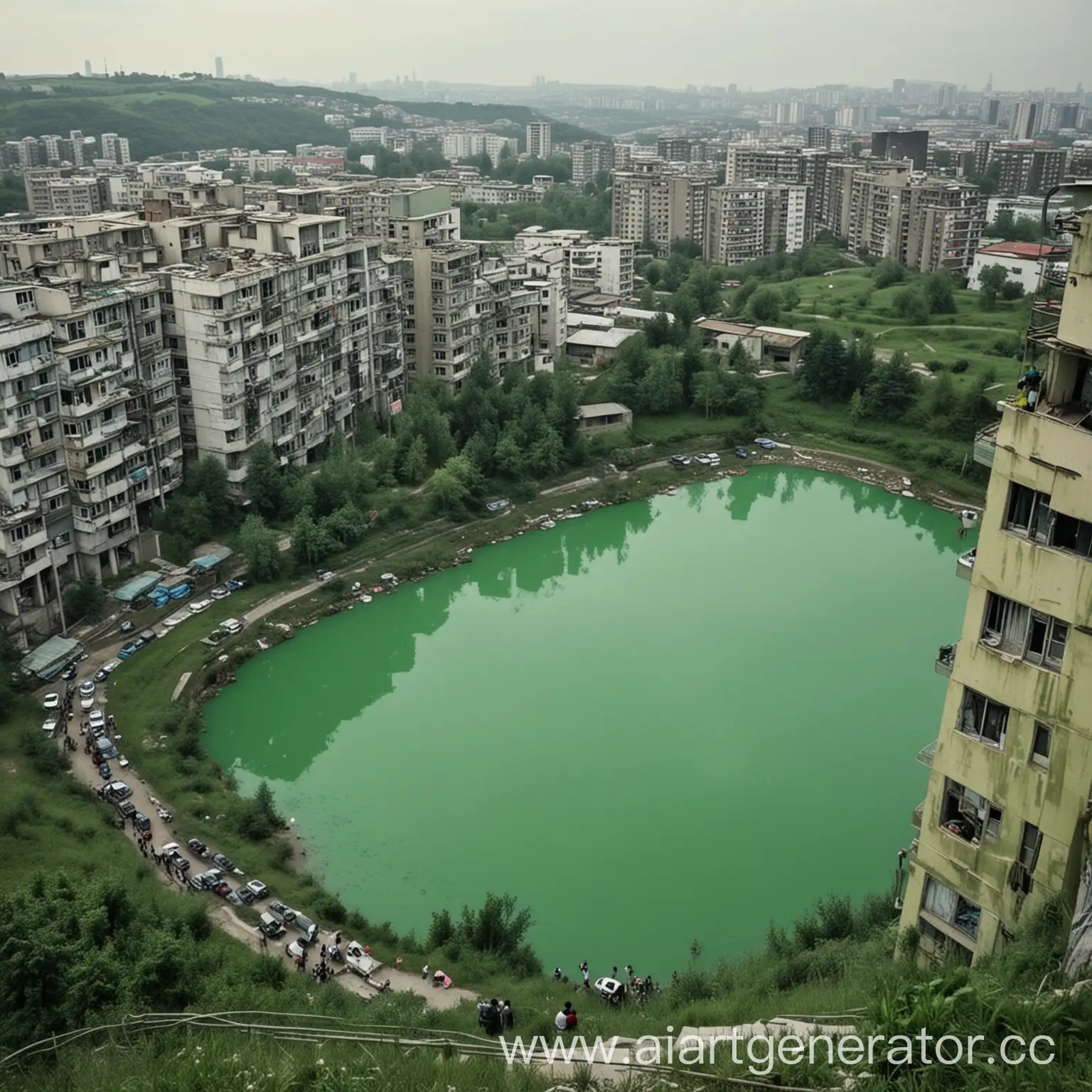 Зеленое небо, зеленая вода, загрезненная обстановка, вид с холма, на фоне многоэтажки, люди замученные экологией