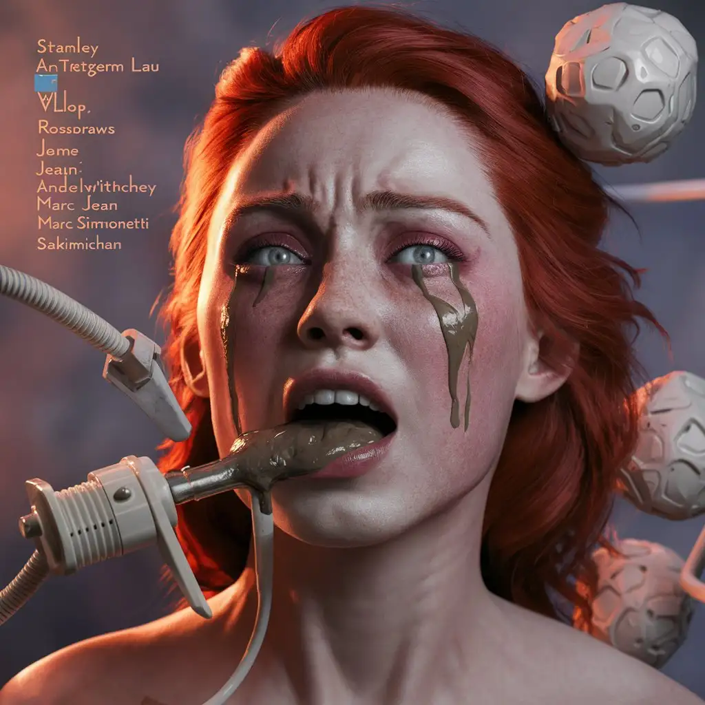 Portrait redhead women girl crying with medical pump mud injection inside mouth, bounded , by Stanley Artgerm Lau, WLOP, Rossdraws, James Jean, Andrei Riabovitchevy, Marc Simonetti, and Sakimichan, trending on artstation, unity 3d render.