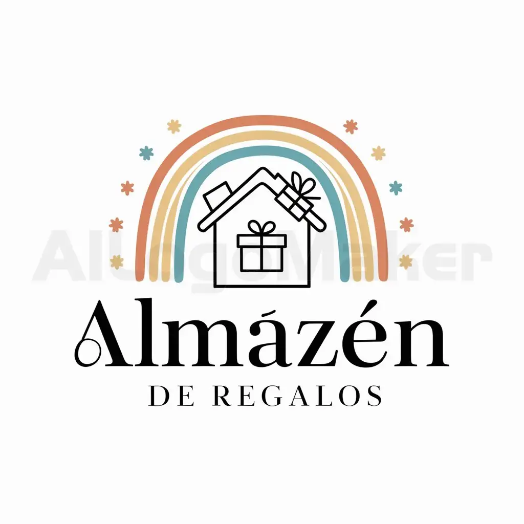 a logo design,with the text "ALMAZEN DE REGALOS", main symbol:casita,regalo,amor,alma,magia,arcoiris,Moderate,clear background