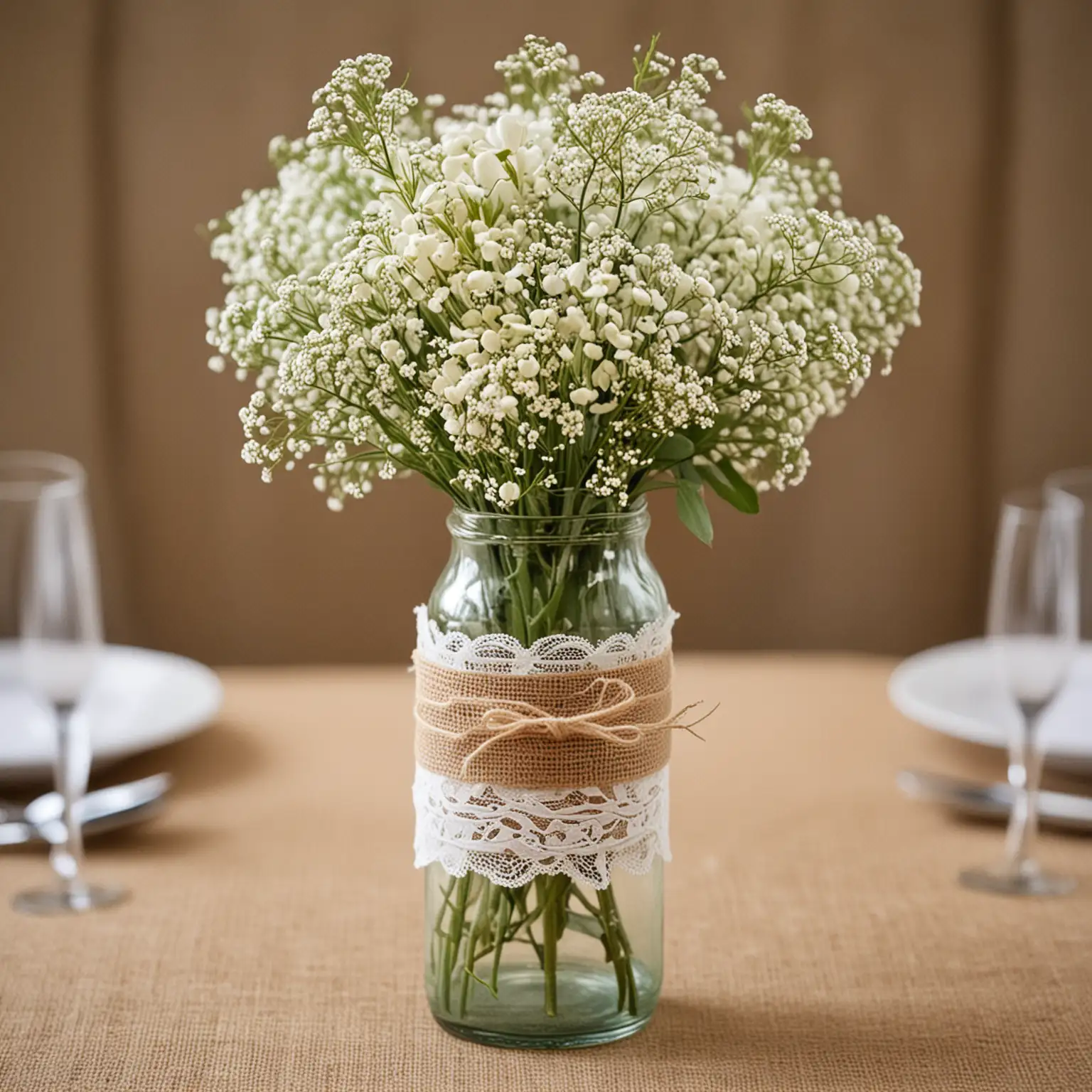 cylinder glass vase wedding centerpiece that is nature inspired with burlap and lace and baby's breath