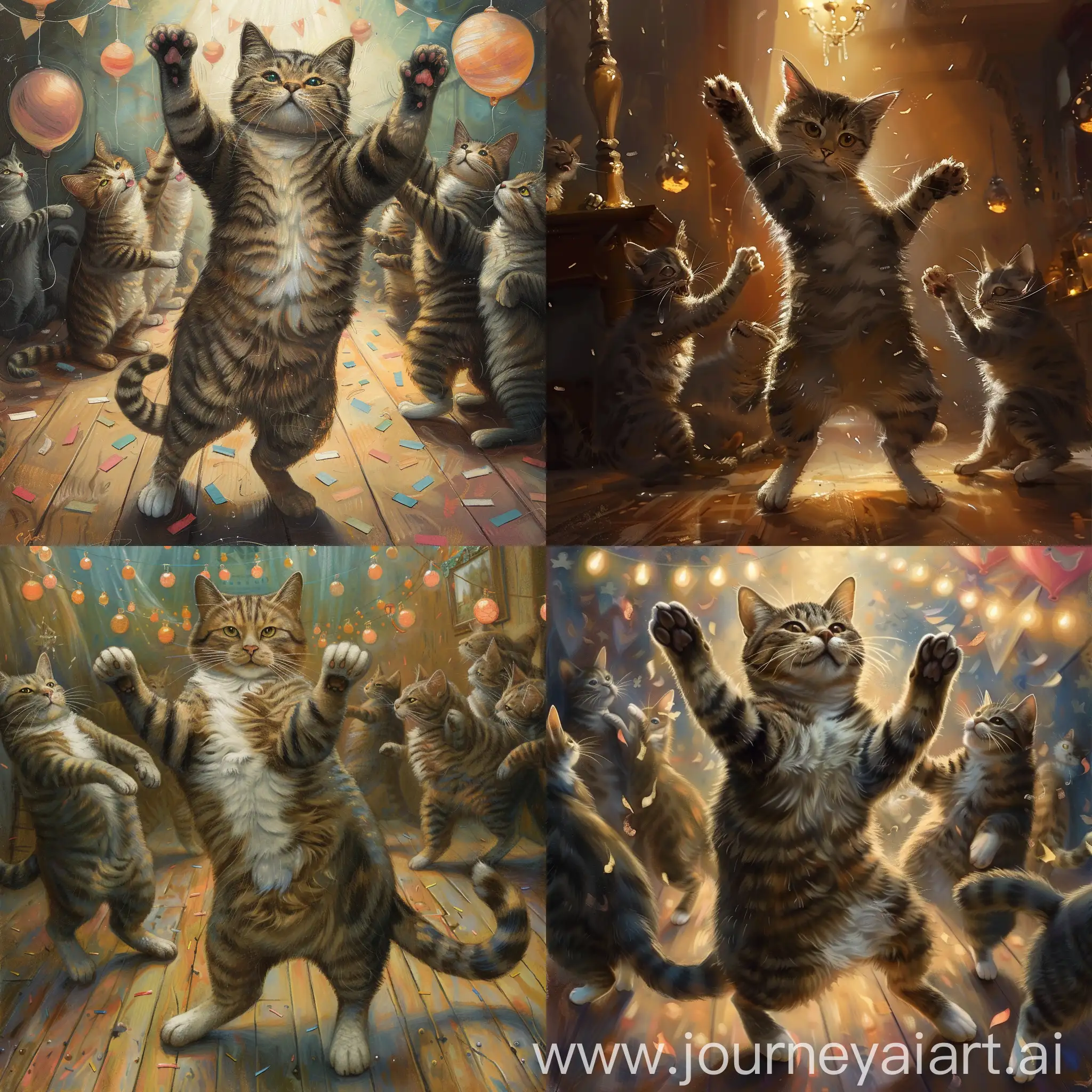 A cat dancing in a party with other cats