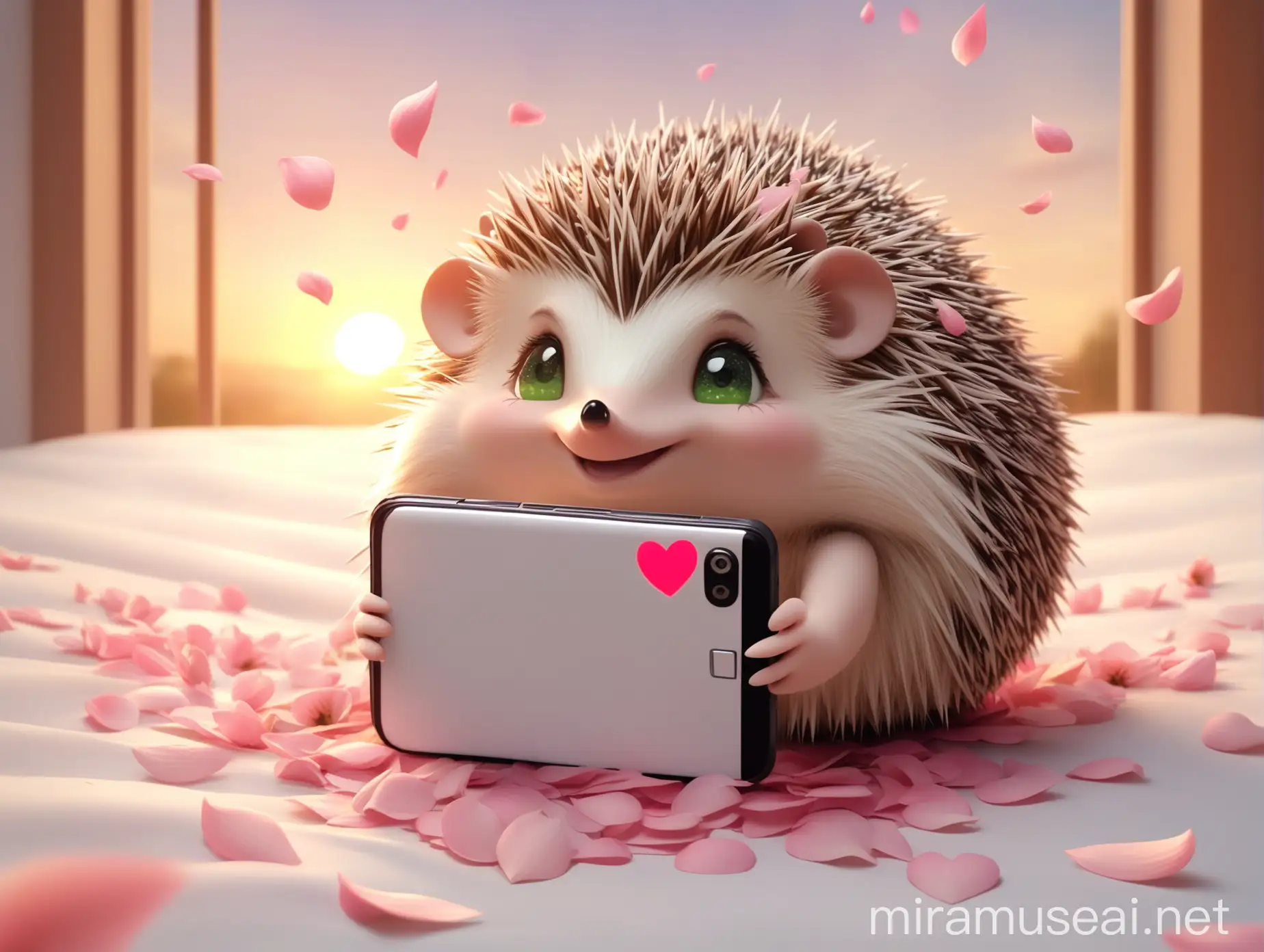 HEDGEHOG: Form - Small female hedgehog. Color - Soft, light-brown quills and white belly. Face - Big, shiny, green eyes, small pink snout and sweet smile. Details - Eyelashes to emphasize femininity. Accessories: Ribbon - Small pink ribbon on head, between ears. Flowers: Little flowers around. Scene - On bed. Activity: Reading a romantic message on smartphone, heart drawn on smartphone. Elements of romance: Falling flower petals, possibly light pink tint in sky at sunset. Emotion: Happy and joyful expression, to convey romance and tenderness of scene.