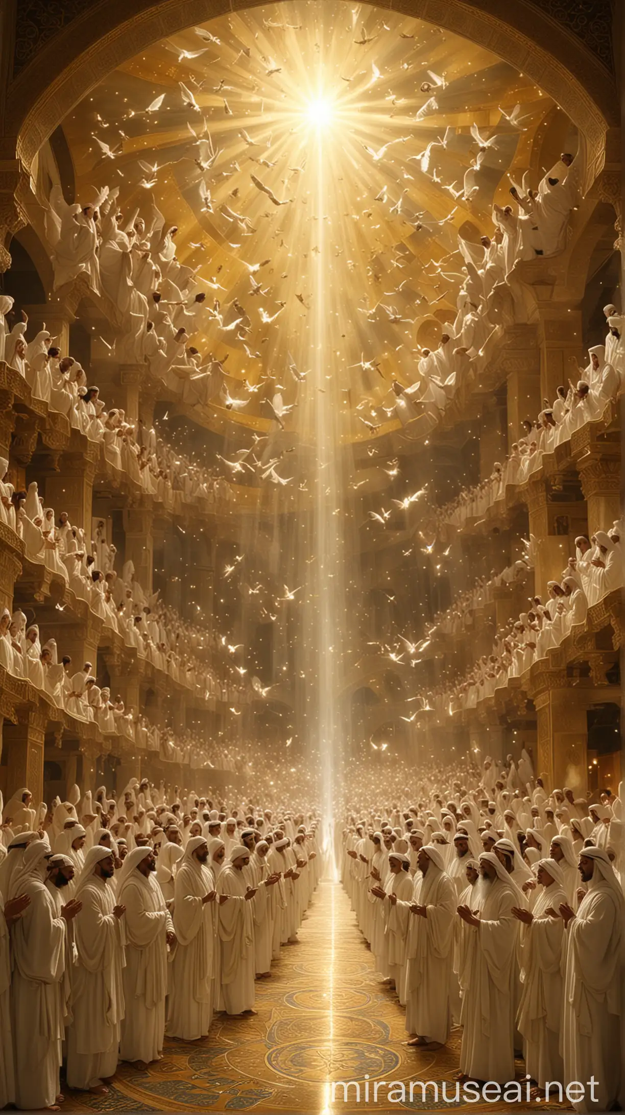Prompt: An ethereal image of Al-Bayt Al-Ma'mur in the seventh heaven, with angels in radiant, flowing robes circling around it in worship.
Description: The celestial Al-Bayt Al-Ma'mur, bathed in divine light, surrounded by 70,000 angels in constant motion, each shimmering with a soft, heavenly glow, highlighting the perpetual nature of their worship.