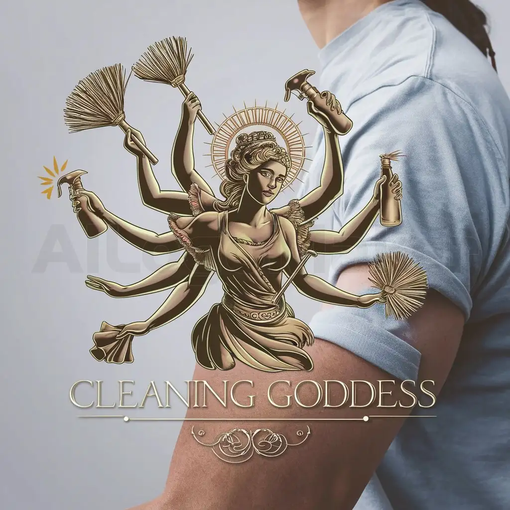 a logo design,with the text "cleaning goddess", main symbol:I would like my logo on the arm of tee one side and an image of a 6 armed beautiful goddess holding a straw broom, spray, and cloth =using 3 hands,complex,be used in cleaning industry,clear background
