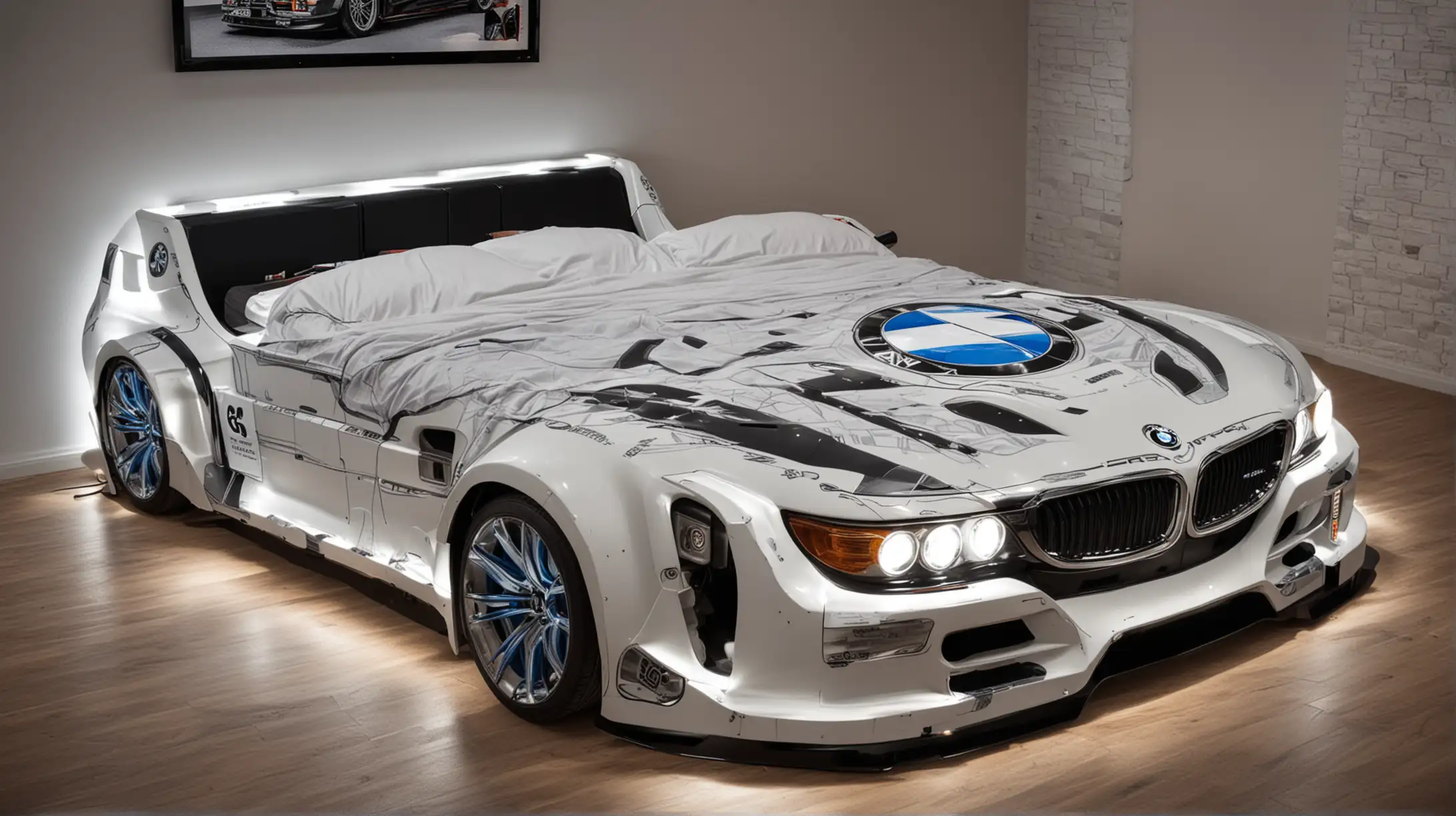 Double bed in the shape of a BMW car with headlights and graphics on