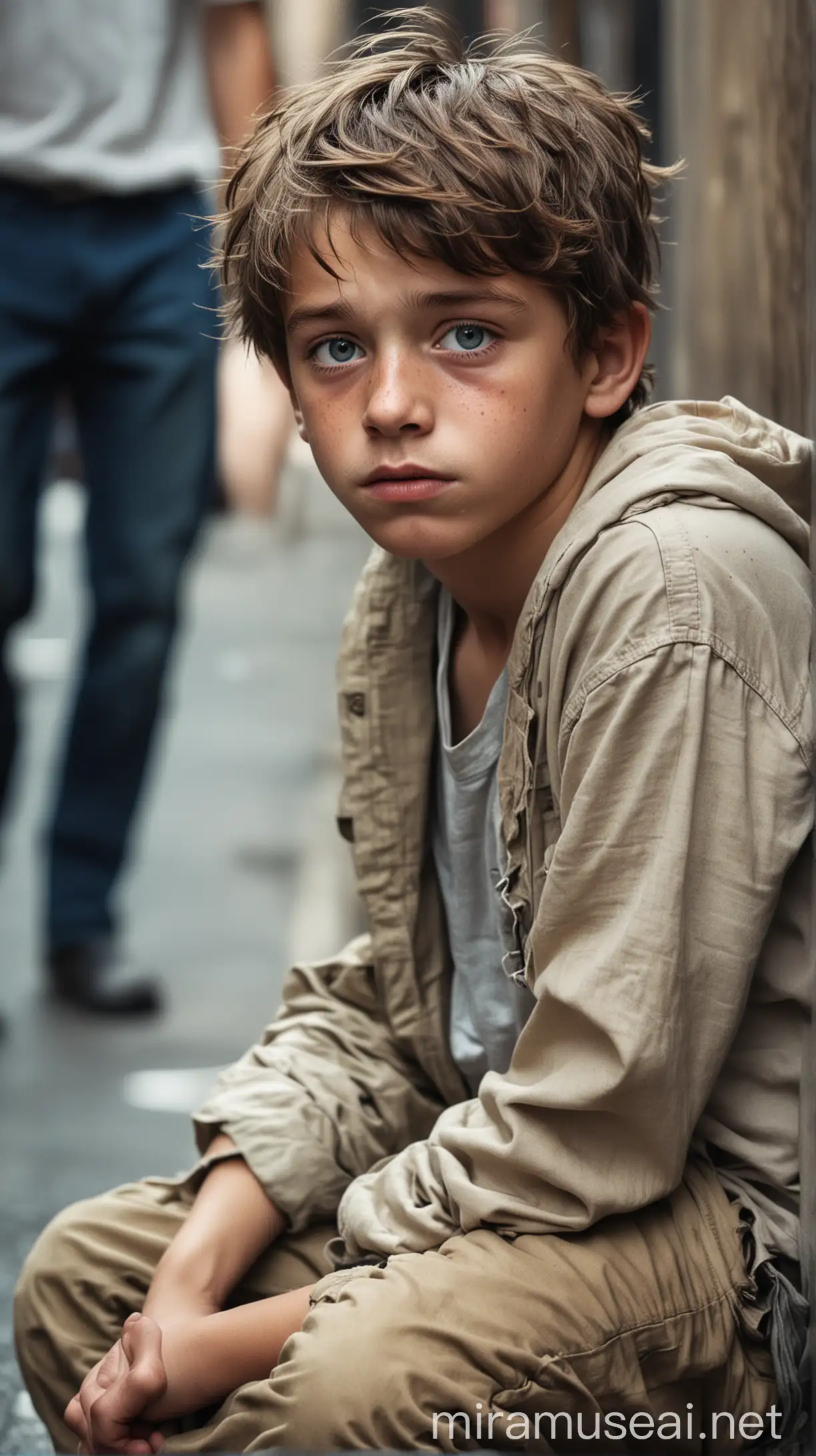 In the image, a homeless British boy sits in the middle of a bustling city street, capturing 60% of the frame. The boy, around 18 years old, has disheveled brown hair and a pale, weathered face. His blue eyes, dull and ringed with dark circles, stare hopelessly ahead. His cheeks are gaunt, and his chapped lips are slightly parted in a silent plea. He wears a worn-out white t-shirt and beige cargo pants, his posture slumped and defeated.

Around him, the city continues its daily rush, indifferent to his plight. People walk by hurriedly, cars pass, and the noise of the busy street contrasts sharply with the boy's silent despair. The background is filled with blurred motion, emphasizing the boy's isolation amidst the city's chaos. The image powerfully captures his hopelessness and the stark reality of his situation.






