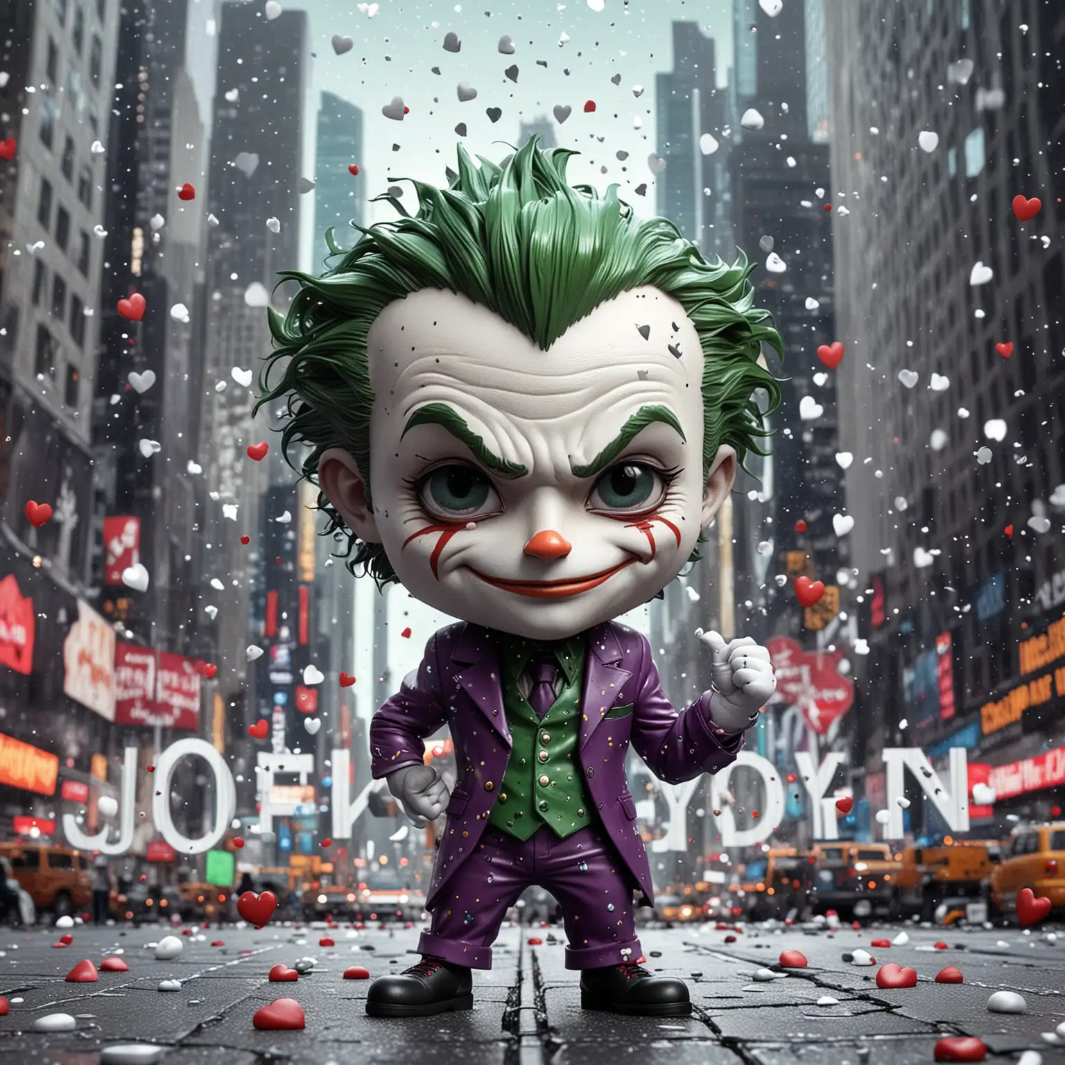 A charming and playful 3D rendering of the joker as a chibi character. He is dressed in his signature style.written in comical, metallic white text, surrounded by stars and hearts. The background is a times square New York. The overall feeling of the image is lively, fun, and full of energy., typography, poster, cinematic, fashion, anime