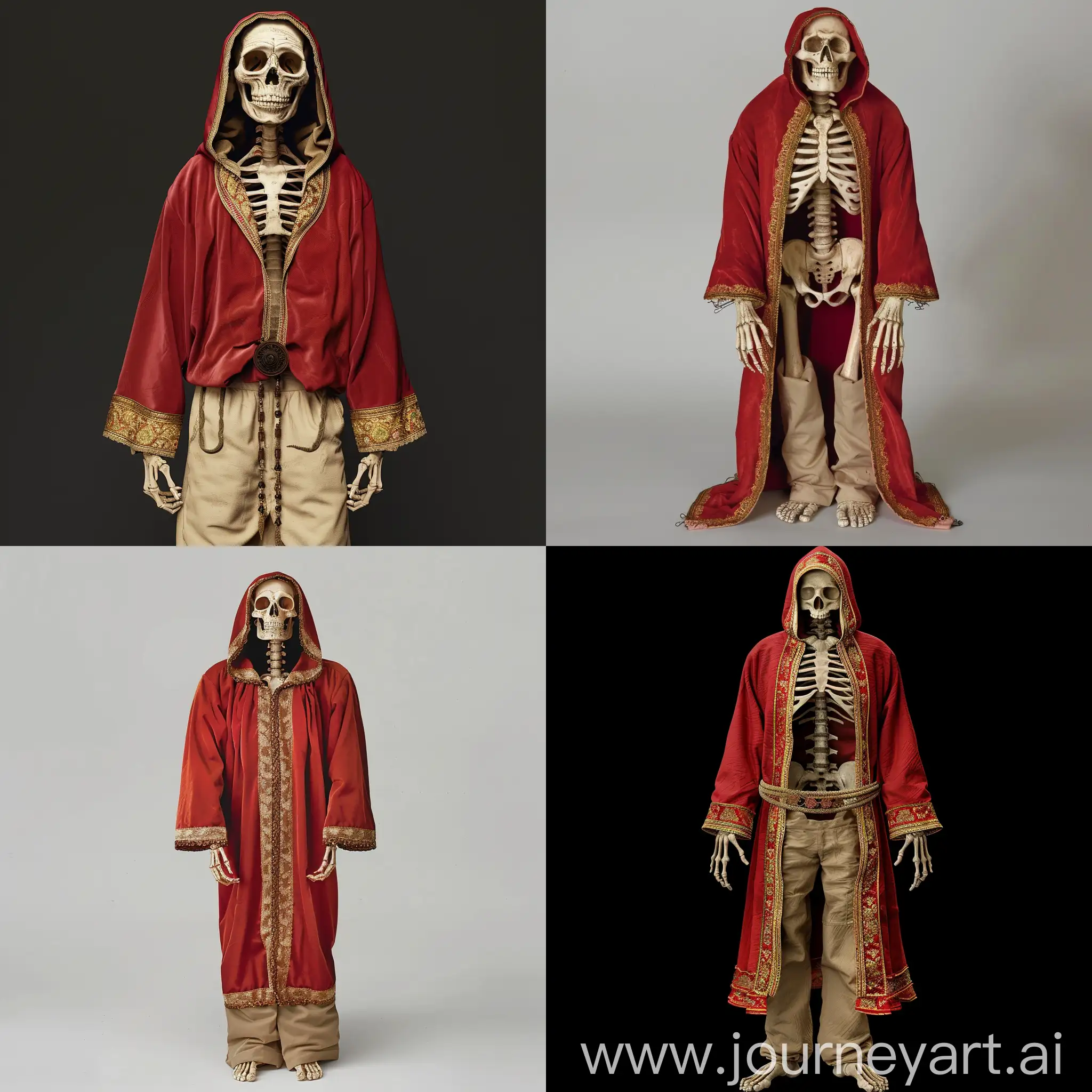 A skeleton in a red robe with a gold border with a hood, beige pants
