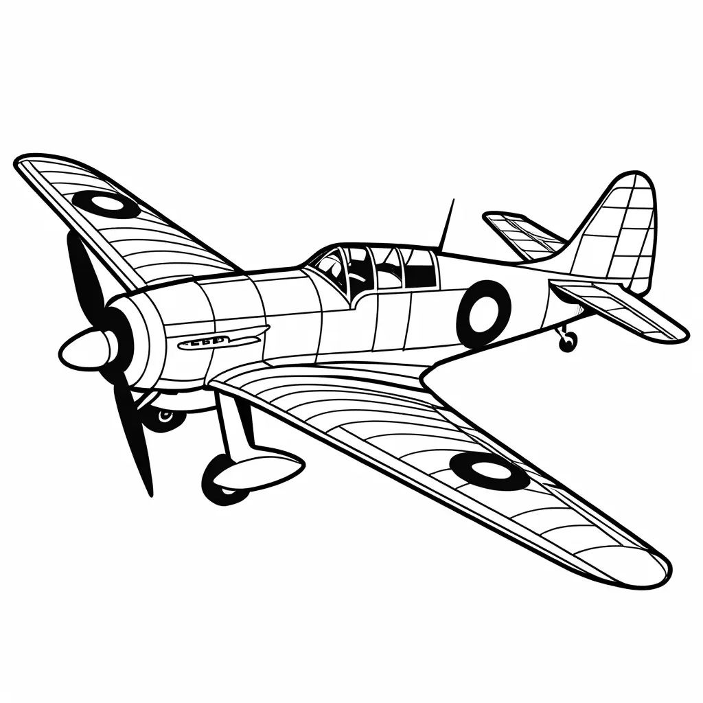 Create a coloring page with a  Tuskegee Airmen Airplane as the image  the tail of the plane is red and the plane reads Tuskegee, Coloring Page, black and white, line art, white background, Simplicity, Ample White Space. The background of the coloring page is plain white to make it easy for young children to color within the lines. The outlines of all the subjects are easy to distinguish, making it simple for kids to color without too much difficulty