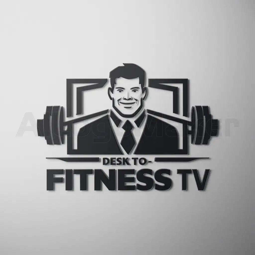 a logo design,with the text "Desk to Fitness TV", main symbol:Strong corporate guy; TV; pull-up bar; barbell,Moderate,be used in Sports Fitness industry,clear background