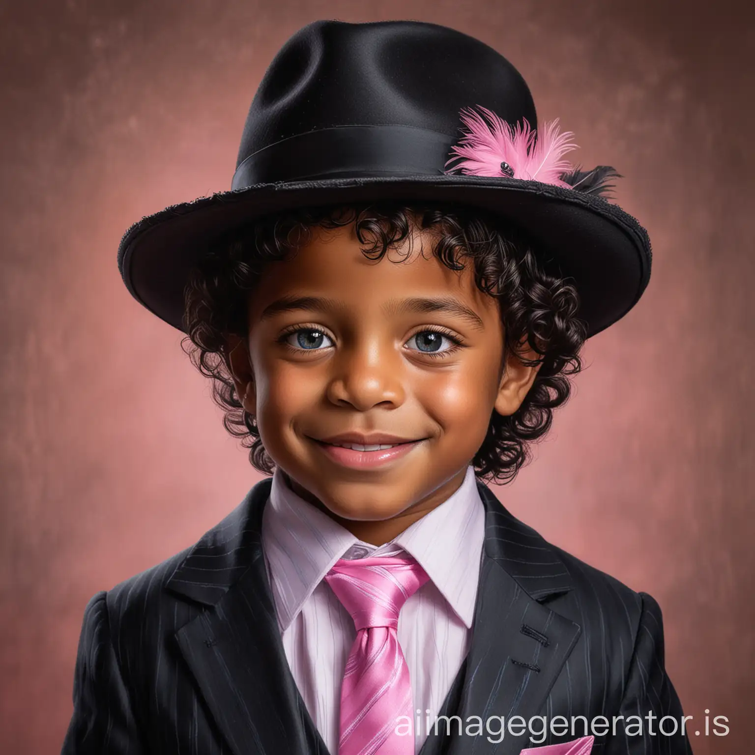 A realistic portrait of a 4 year old black Colombian boy, who is small for his age . He has shoulder length curly hair, black skin and blue eyes. He should be wearing a 3 piece black pinstripe suit, with a pink shirt and a pink fedora with a black and pink feather. And he should be smiling