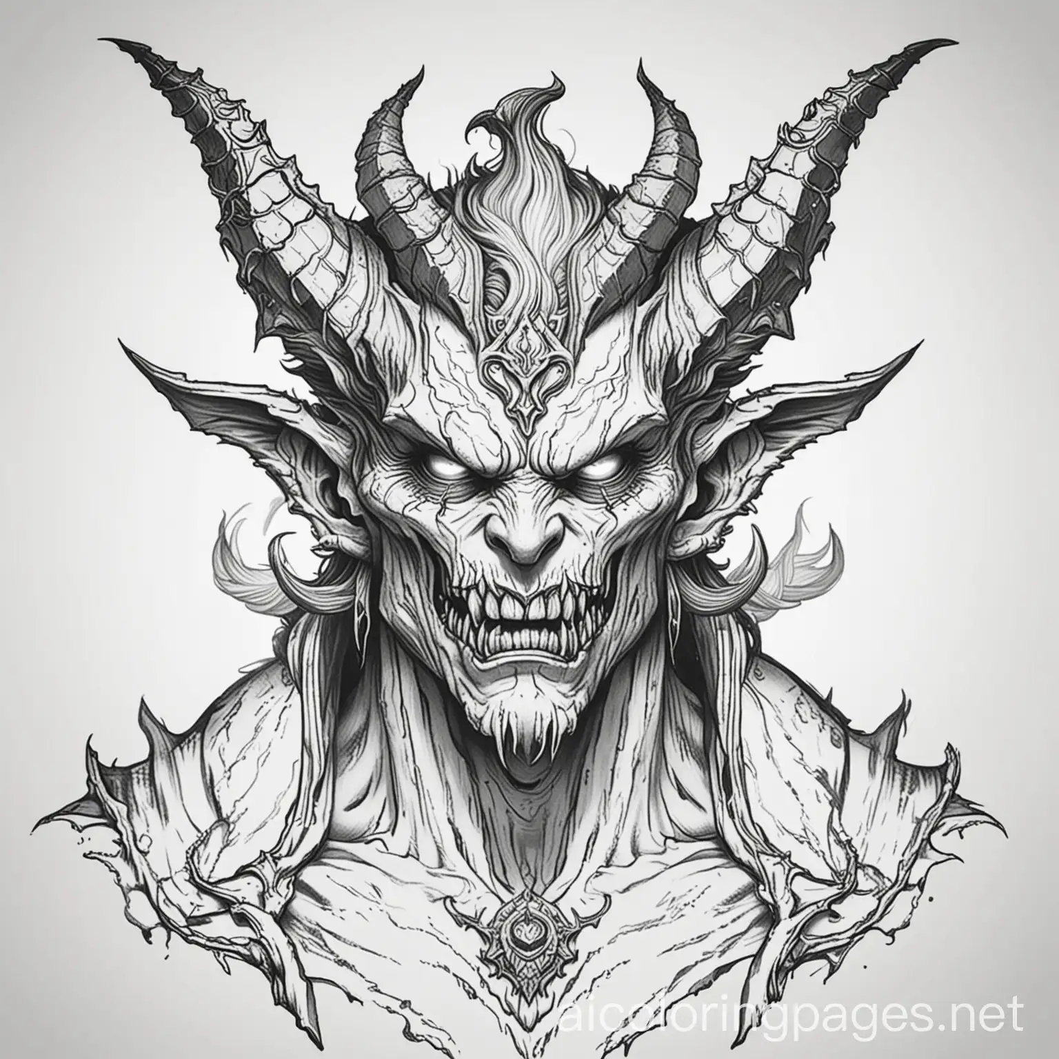 Video game style demon, coloring book,, Coloring Page, black and white, line art, white background, Simplicity, Ample White Space. The background of the coloring page is plain white to make it easy for young children to color within the lines. The outlines of all the subjects are easy to distinguish, making it simple for kids to color without too much difficulty