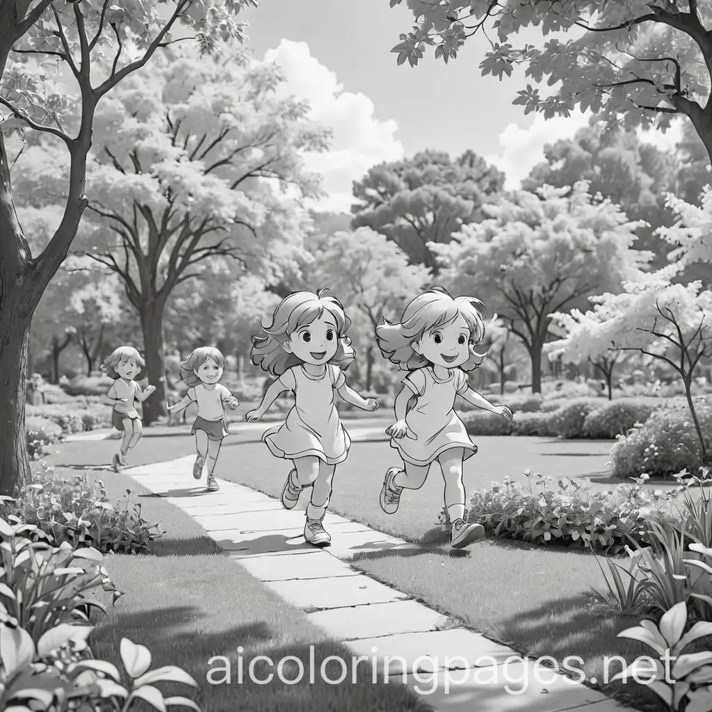 children playing in the park, Coloring Page, black and white, line art, white background, Simplicity, Ample White Space. The background of the coloring page is plain white to make it easy for young children to color within the lines. The outlines of all the subjects are easy to distinguish, making it simple for kids to color without too much difficulty