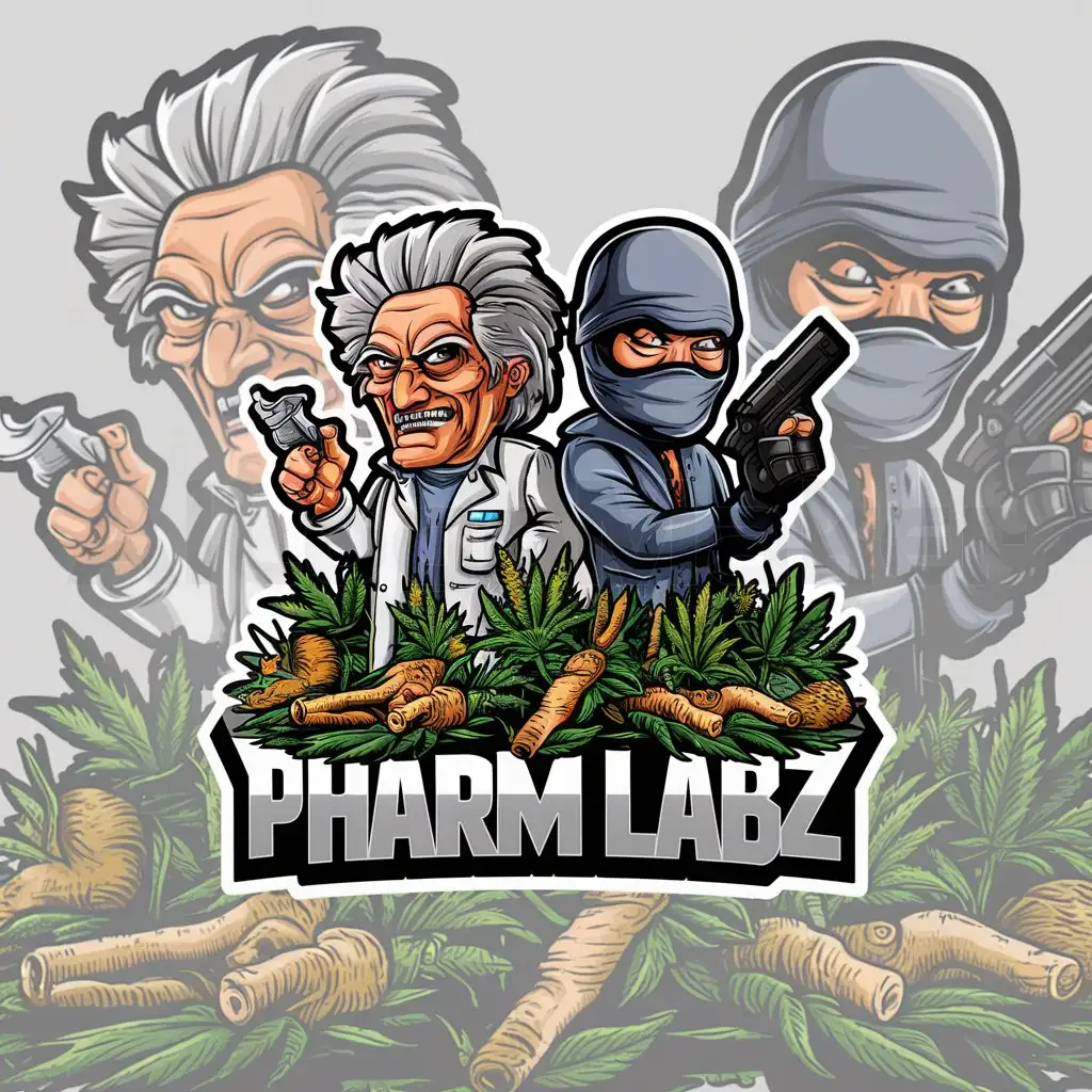 a logo design,with the text "Pharm Labz", main symbol:a highly detailed grafitti banks style cartoon of a mad scientist and a masked man with a gun and lots of weed and joints ,Moderate,be used in Others industry,clear background