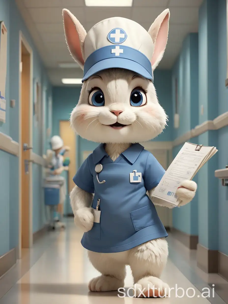 A cute little rabbit wearing a blue nurse costume and a white nurse hat, holding a report form, is in the hospital hallway. It features a Pixar style cartoon character design, full body photos, 3D rendering, warm colors, bright lighting, high resolution, rich details, and friendly expressions. A realistic yet stylized portrait with a gentle gradient and surrealism in style.