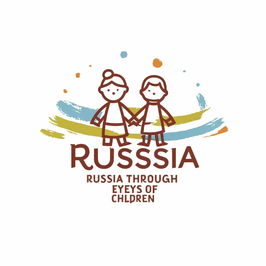 a logo design,with the text "Russia through the eyes of children", main symbol:A boy and a girl with light hair against the backdrop of a map of Russia,Minimalistic,clear background