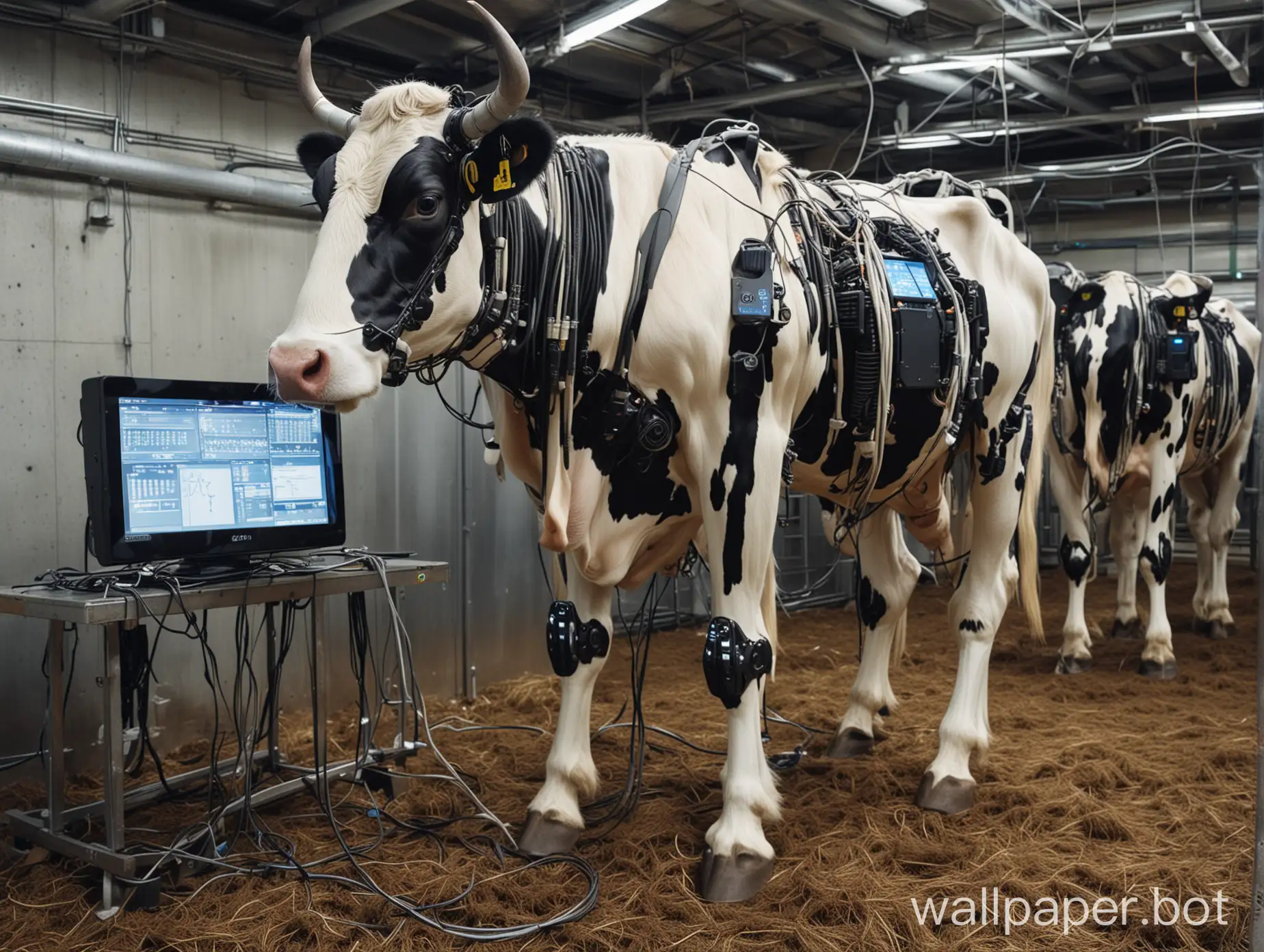 Dark Bionic Robot Cows, with embedded computer screens, lots of cables, camera taking a picture of milk
