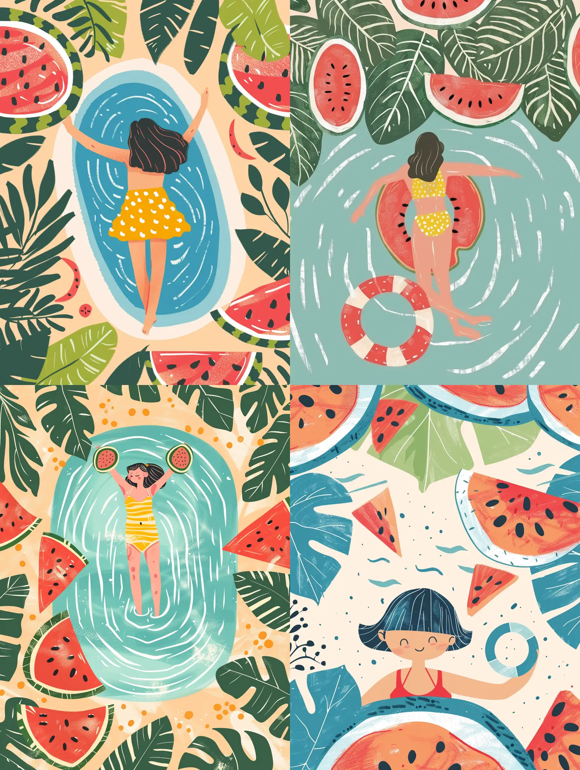 夏日海报，手绘风格，泳池，西瓜，少女，游泳圈，夏日，清凉