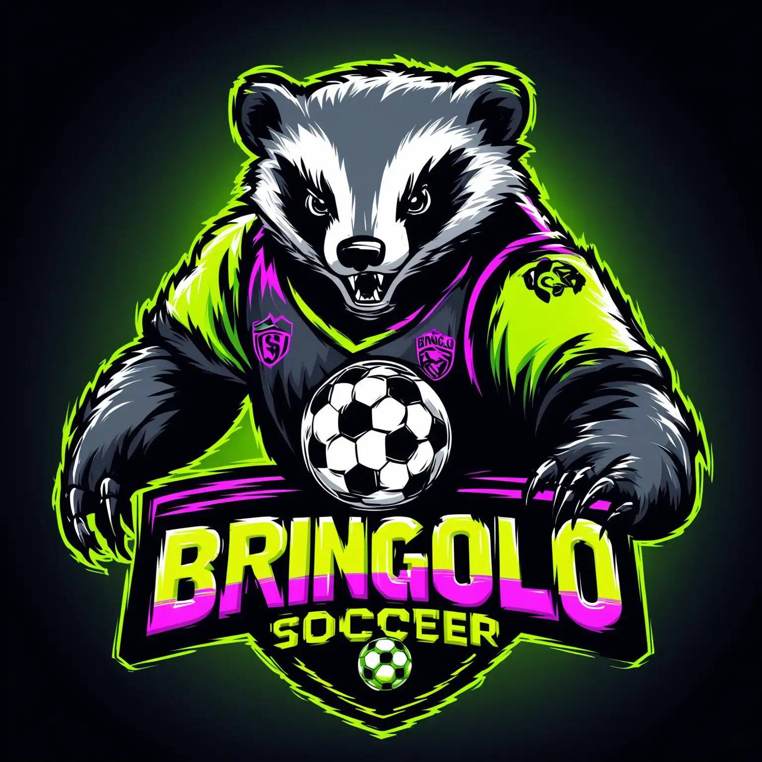 Logo for BRINGOLO soccer team with an aggressive badger in neon mode