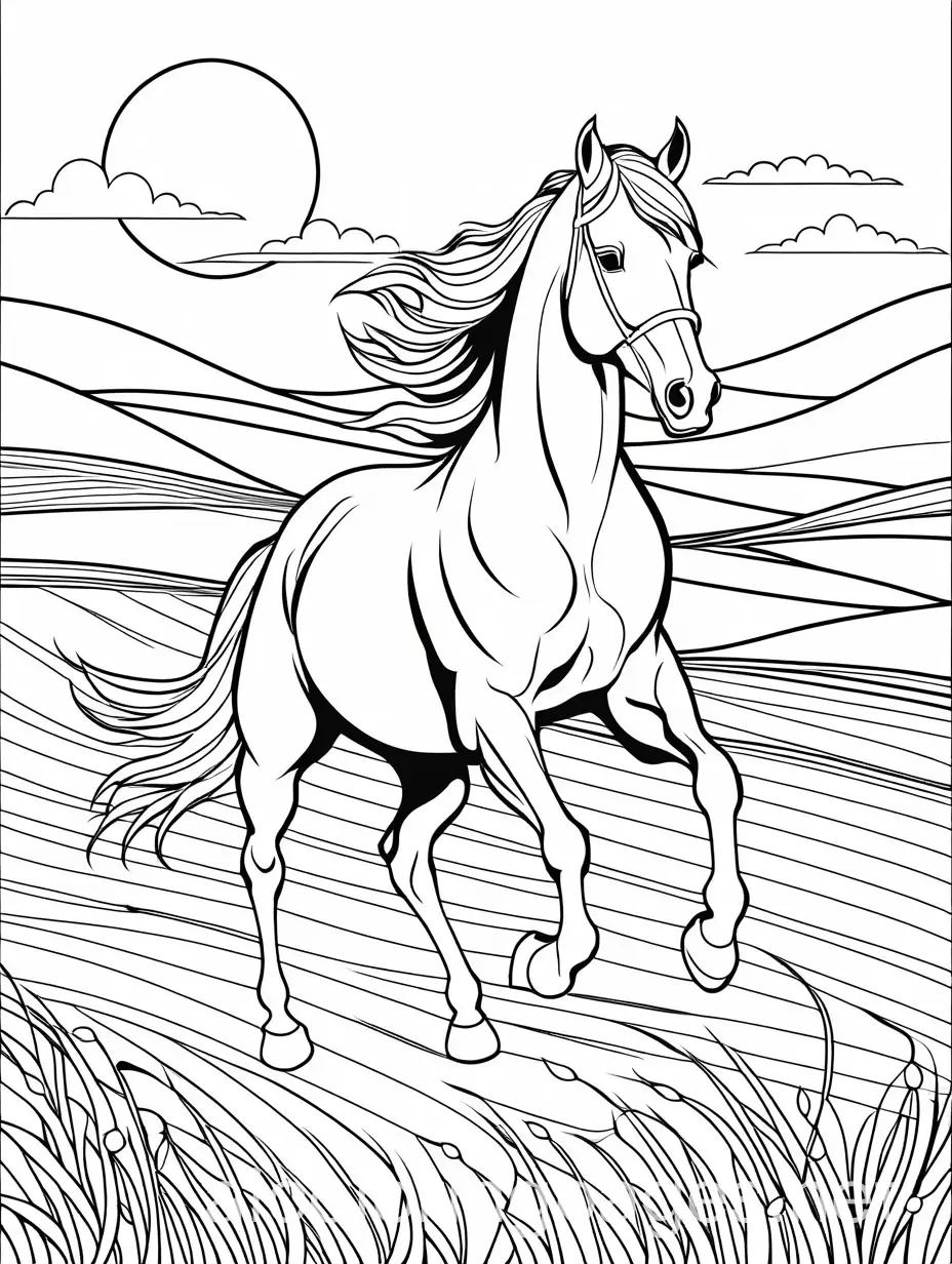 a horse galloping freely through the fields, coloring page, black and white, line art, white background, simplicity, ample white spaces. The background of the coloring page is plain white to make it easy for young children. The outlines of all subjects are easy to distinguish, making it simple for kids to color without too much difficulty., Coloring Page, black and white, line art, white background, Simplicity, Ample White Space. The background of the coloring page is plain white to make it easy for young children to color within the lines. The outlines of all the subjects are easy to distinguish, making it simple for kids to color without too much difficulty, Coloring Page, black and white, line art, white background, Simplicity, Ample White Space. The background of the coloring page is plain white to make it easy for young children to color within the lines. The outlines of all the subjects are easy to distinguish, making it simple for kids to color without too much difficulty