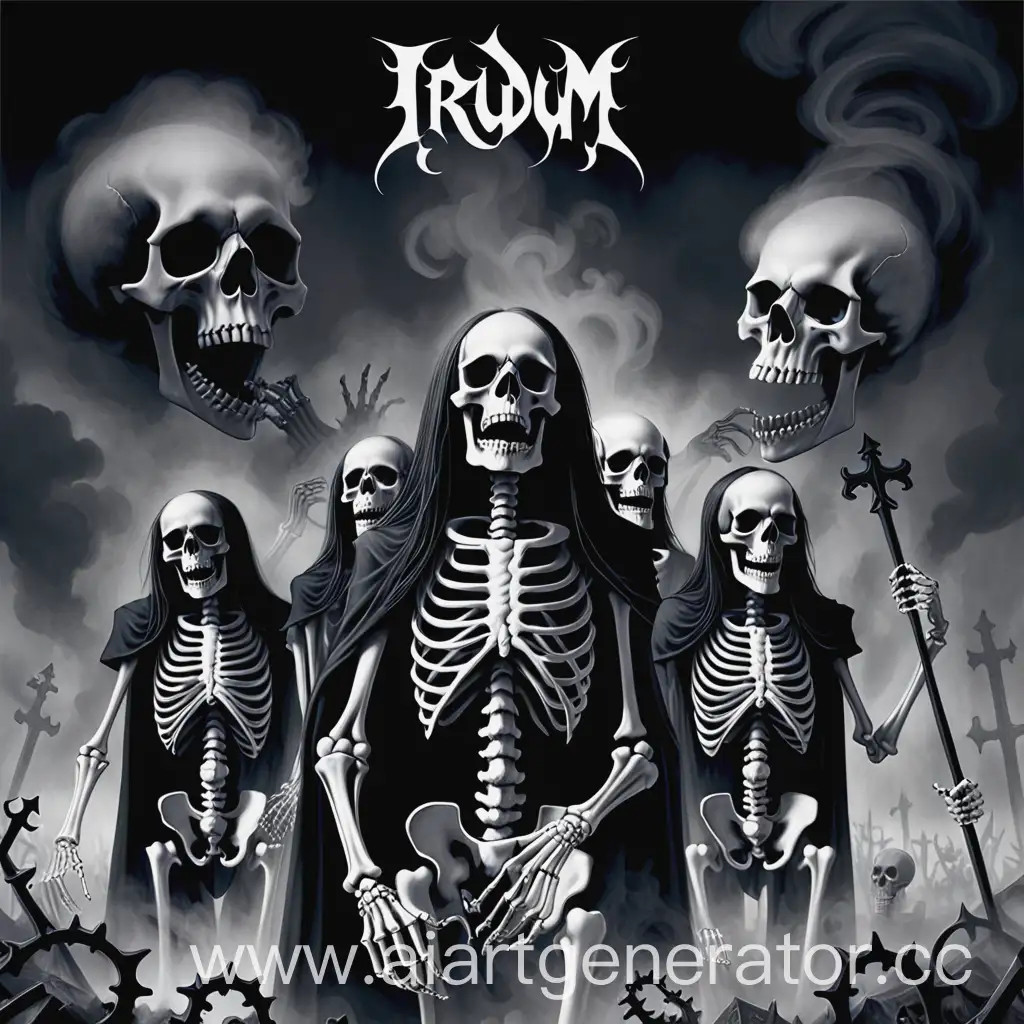 Конечно! Вот обложка для блек металл группы "IrDum" с черно-белыми скелетами:  На обложке изображены несколько скелетов, окруженных черным дымом на фоне черного неба. В центре обложки выделяется логотип группы "IrDum" готический шрифт