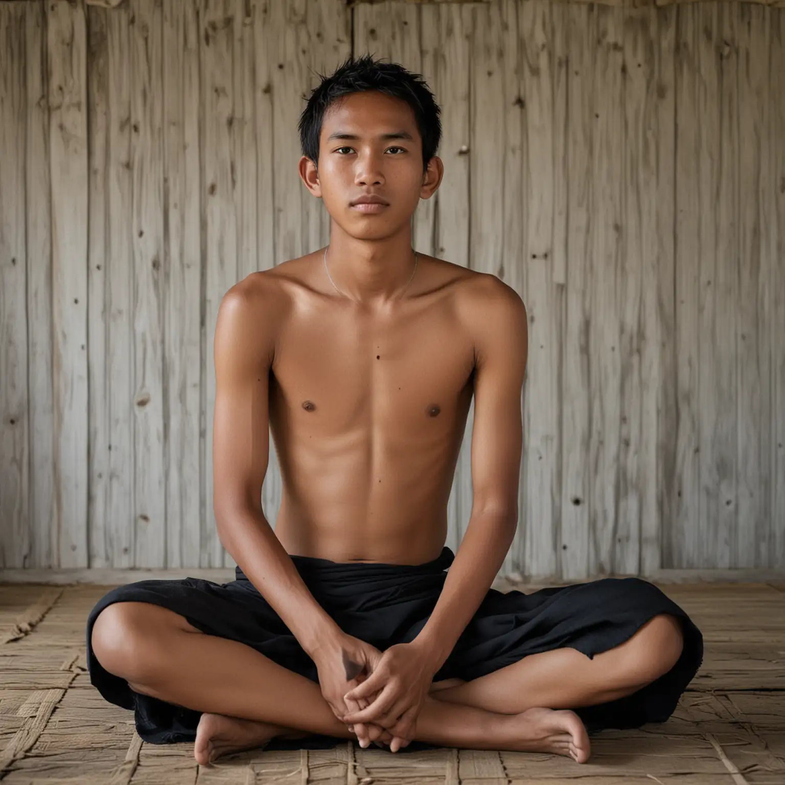 15 year old Indonesian man bare chested sitting cross-legged wearing a long black cloth without a pattern, white skin,  in a traditional wooden house