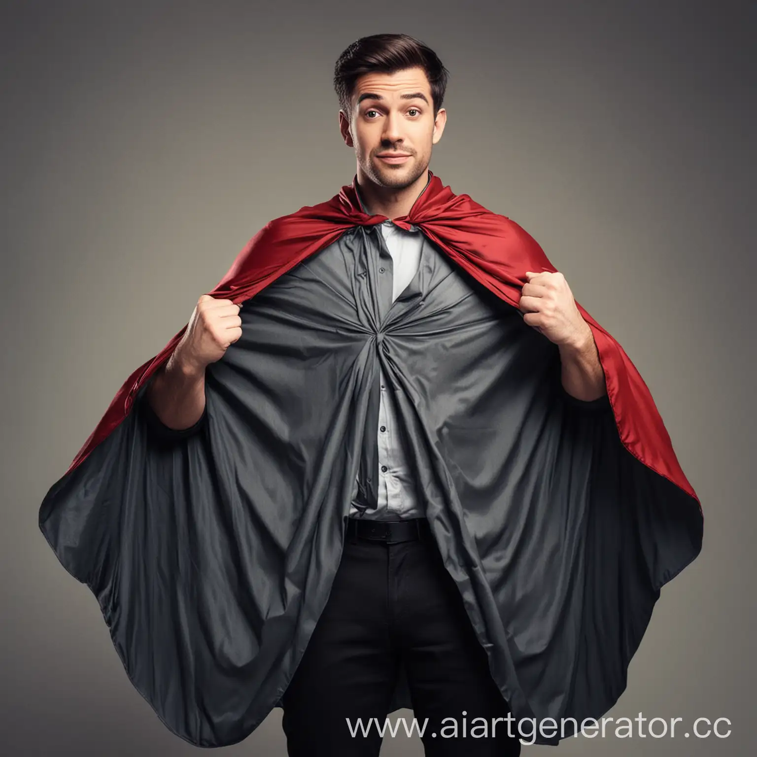 Attractive-Comic-Man-Unfolding-Cape-with-Dramatic-Flair