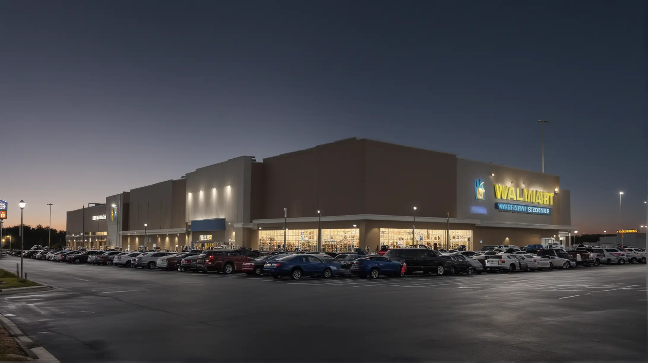Wide Shot Walmart store, projecting a movie the side of the Walmart building, full parking lot with cars, at dusk, photo realistic, cinematic lighting 
