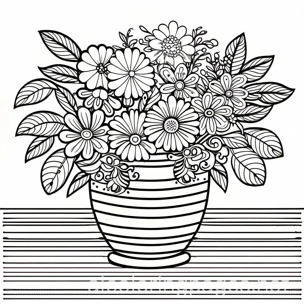flower pot with flowers on a cool table, Coloring Page, black and white, line art, white background, Simplicity, Ample White Space. The background of the coloring page is plain white to make it easy for young children to color within the lines. The outlines of all the subjects are easy to distinguish, making it simple for kids to color without too much difficulty