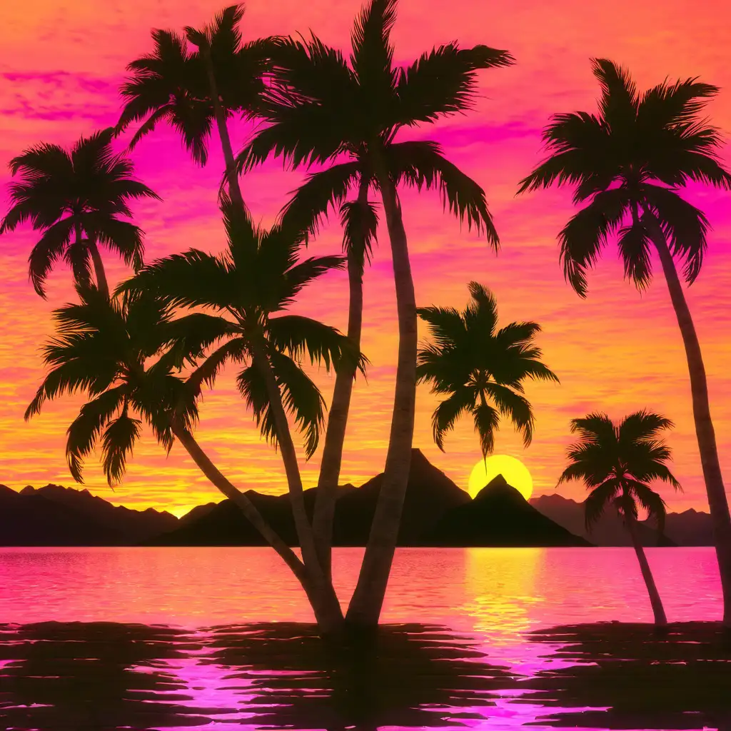 create exact image attached make yellow sunset behind mountains, with pink orange sky above sun and pink water with the suns small reflection, dark realistic palm trees large and small dark mountains in the distance background, behind the black palm trees is the ocean, make slight neon HIGH RESOLUTION