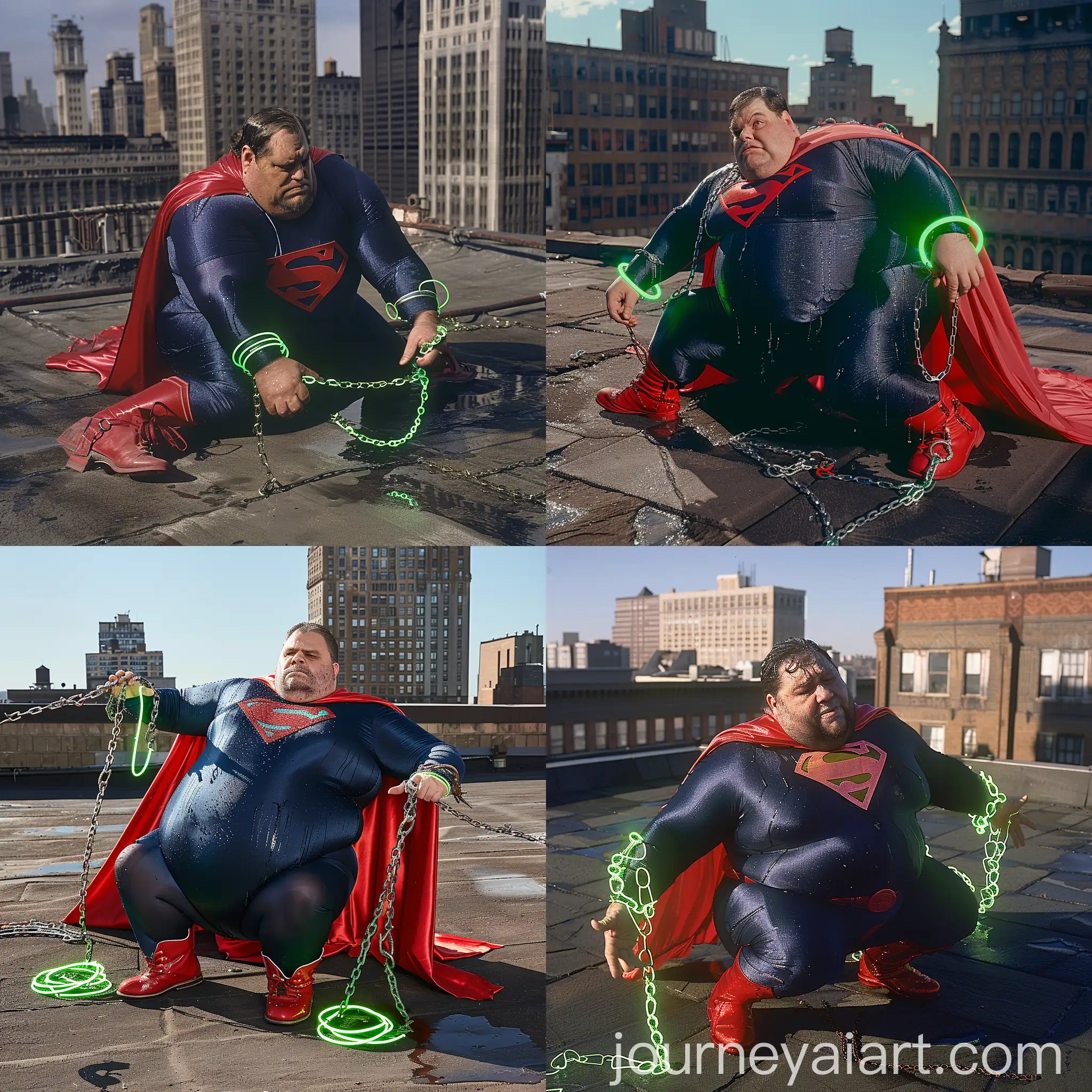 Photo of a fat man aged 60 wearing a wet tight silk navy superman costume with a red cape and red boots falling on his knees on the ground. Shackled with green glowing neon chains attached to the wrists. On a rooftop. Clean Shaven. Natural light.  --style raw --ar 1:1