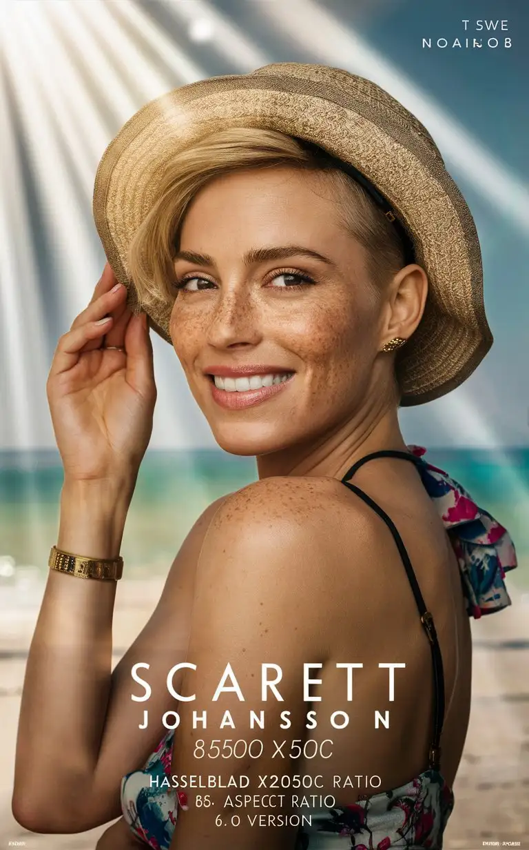 Portrait of Scarlett Johansson in a hat, smiling, with freckles on her face, in a close-up shot, in soft light, with a beach background, looking at the camera, taken with high resolution photography in the style of Hasselblad X2D50c --ar 85:128 --v 6.0 --style raw