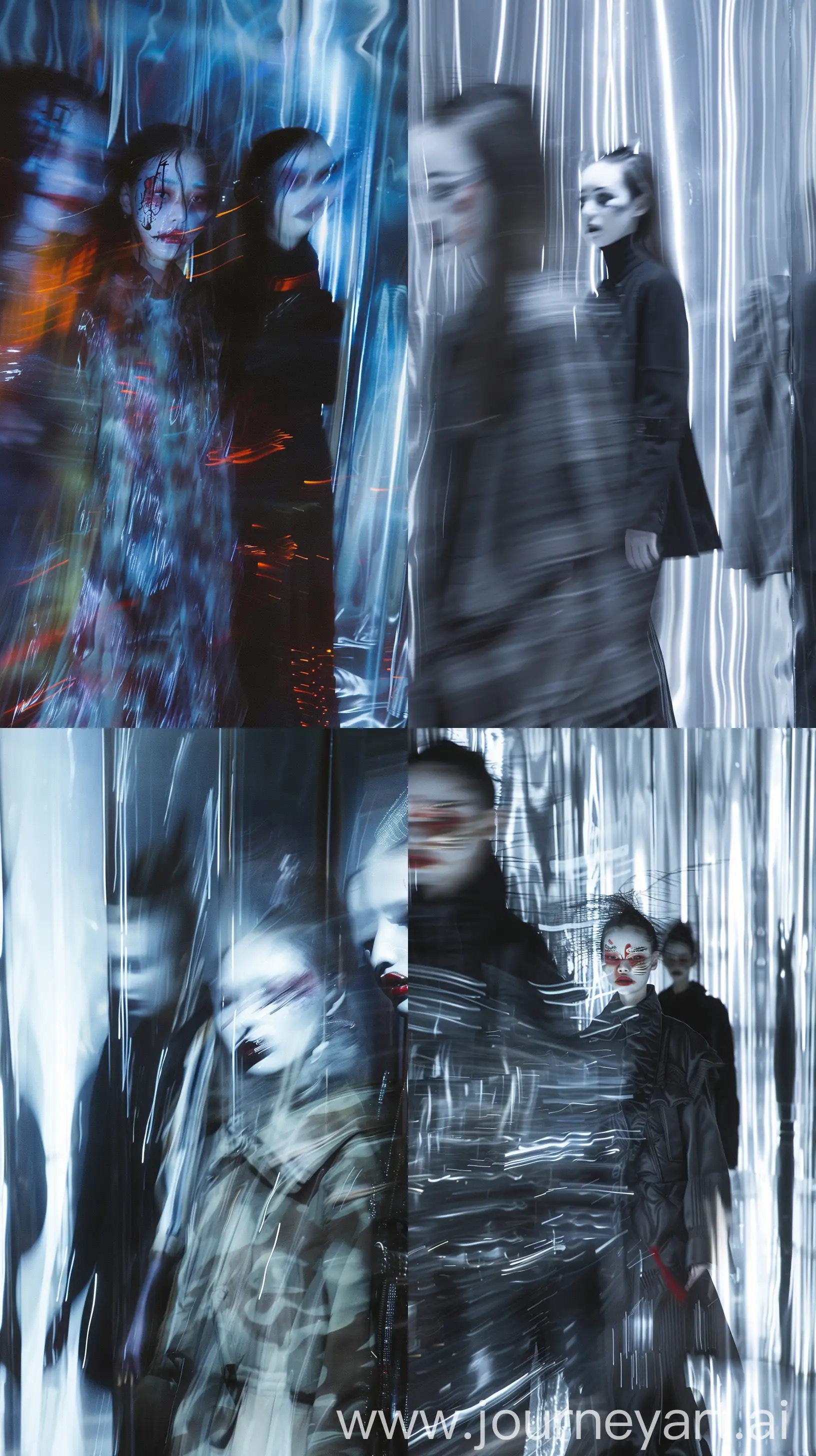 Create image image, blurred oriental balenciaga female models figures are depicted against a chromed background. wounded make up, The motion blur creates a ghostly, ethereal effect, with clothing details obscured. One figure in the foreground appears to be wearing a oversized horror high fashion blackout,  The lighting and blur lend a mysterious, almost haunting quality to the scene, nocturnal fashion scene --ar 9:16