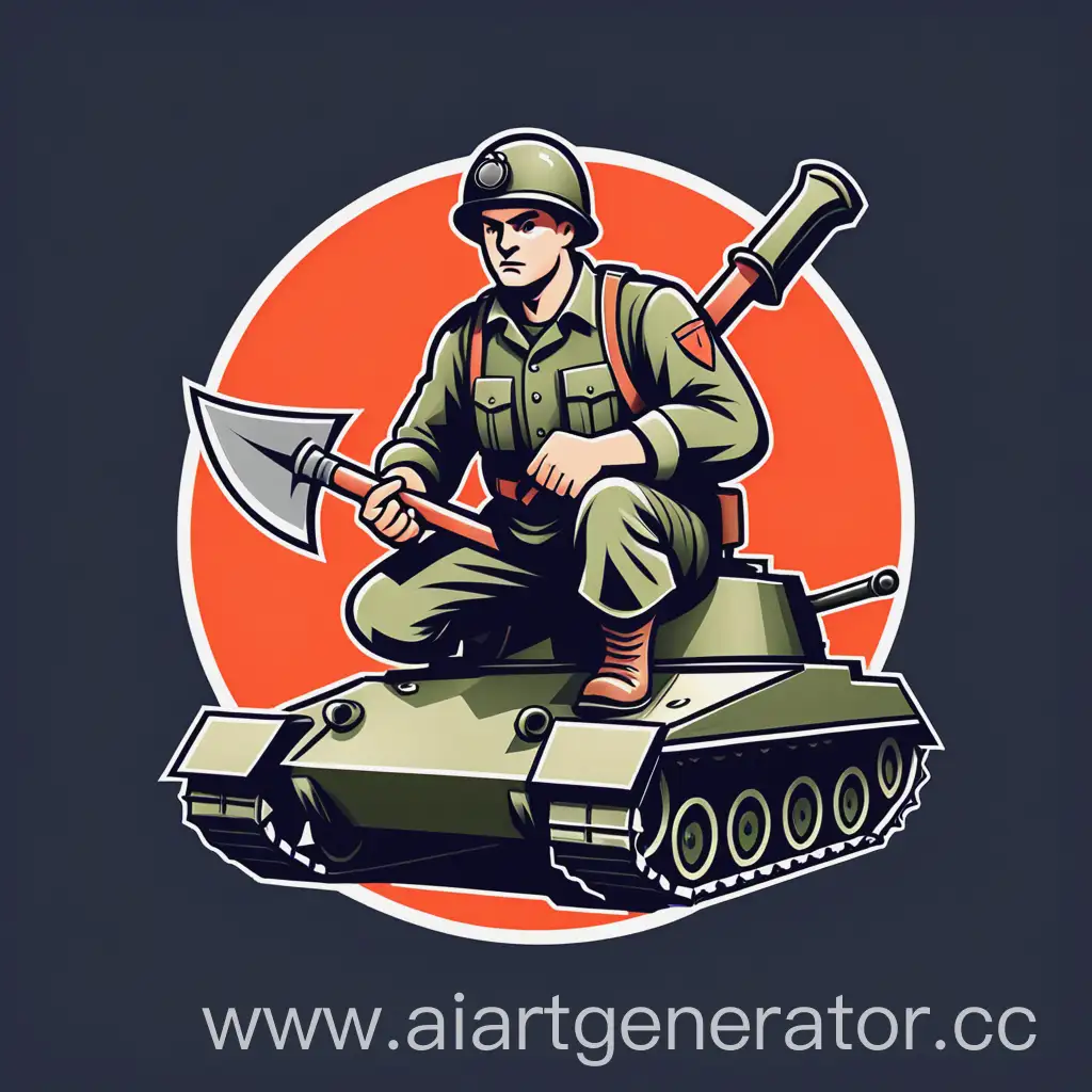 Солдат с киркой на танке в стиле логотипа