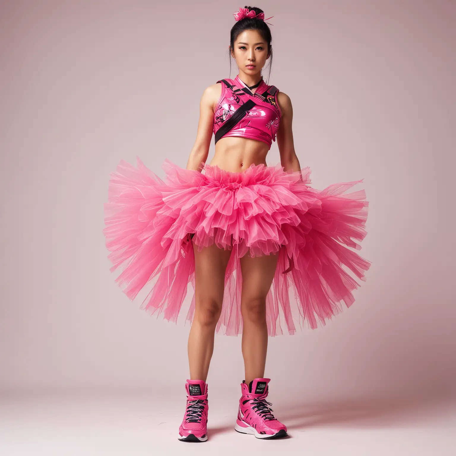 Standing full body view, Japanese bodybuilder supermodel with thin waist and long legs in sleeveless, hot-pink samurai armor, midriff exposed, giant hot-pink tutu, black sneakers, sneakers, white background