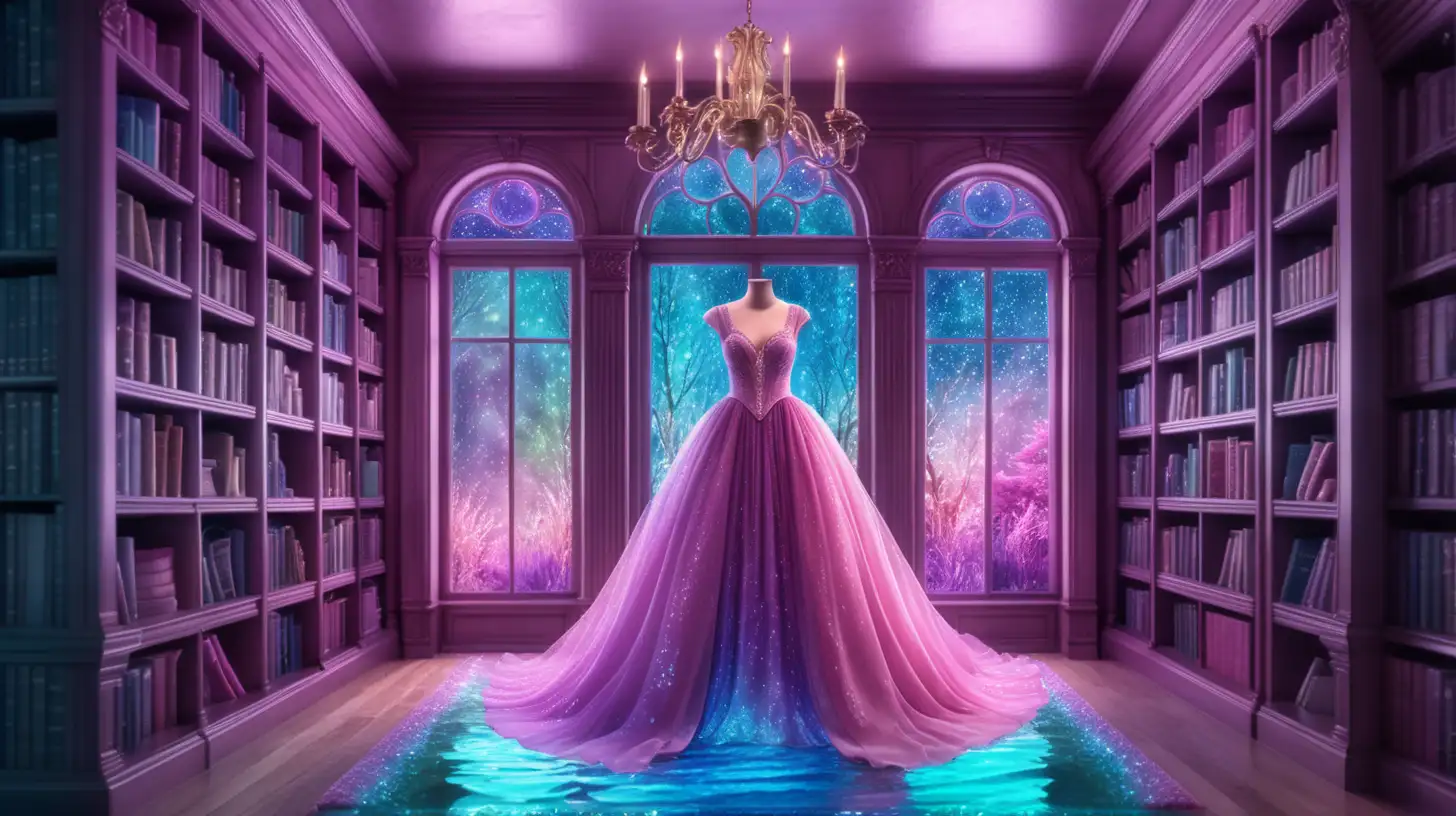 a magical dress hanging in a closet. 8K. Magical fairytale library filled with water. Pink. Blue. Purple. Green windows.