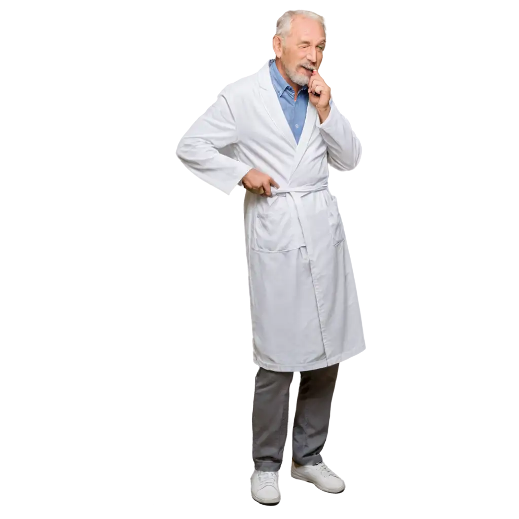 an elderly man standing full-length in the bathroom in a white bathrobe brushing his teeth.