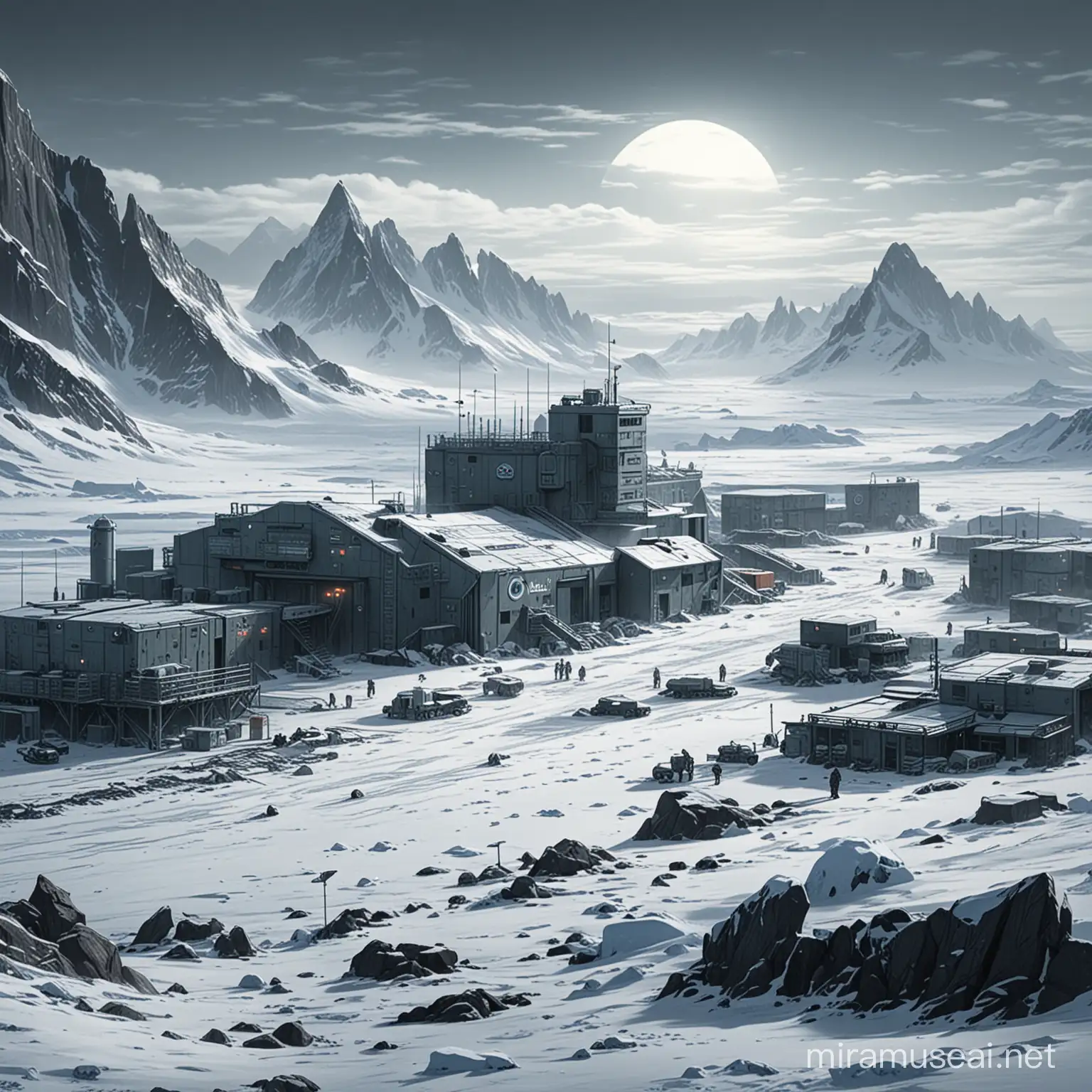SciFi Dystopia Antarctic Military Station in Comics Style