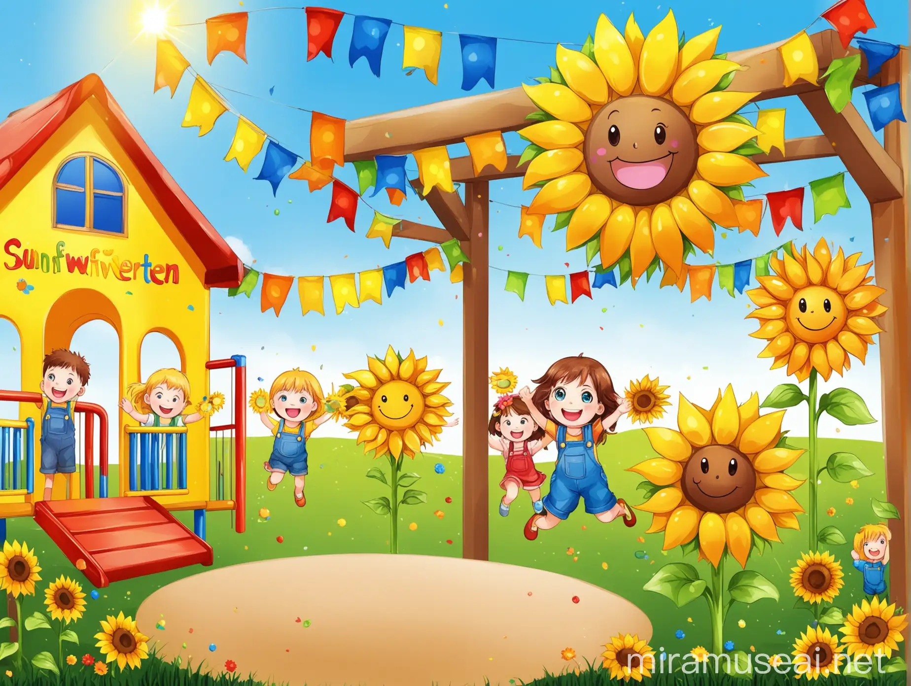 Create a vibrant and cheerful banner for a kindergarten with the theme "Sunflowers". The banner should feature large, bright sunflowers with smiling faces, surrounded by happy children playing and laughing. Include elements like colorful flowers, green grass, and a clear blue sky. The overall design should be engaging, fun, and welcoming, evoking a sense of warmth and happiness. Ensure the style is bright and colorful, suitable for a playful and joyful environment on children's playground verandas.